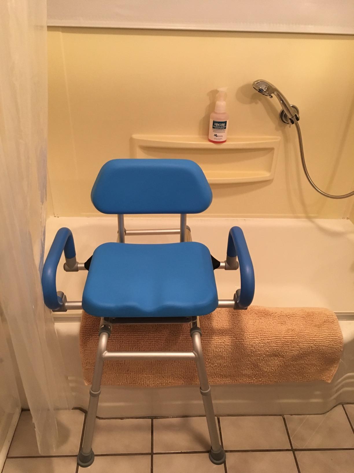 Carousel Sliding Shower Chair Tub Transfer Bench with Swivel Seat, Bariatric, Premium Padded with Pivoting Arms, High Capacity, Heavy Duty for Tubs, Inside Shower, for Handicap & Seniors, Blue customer photo 2
