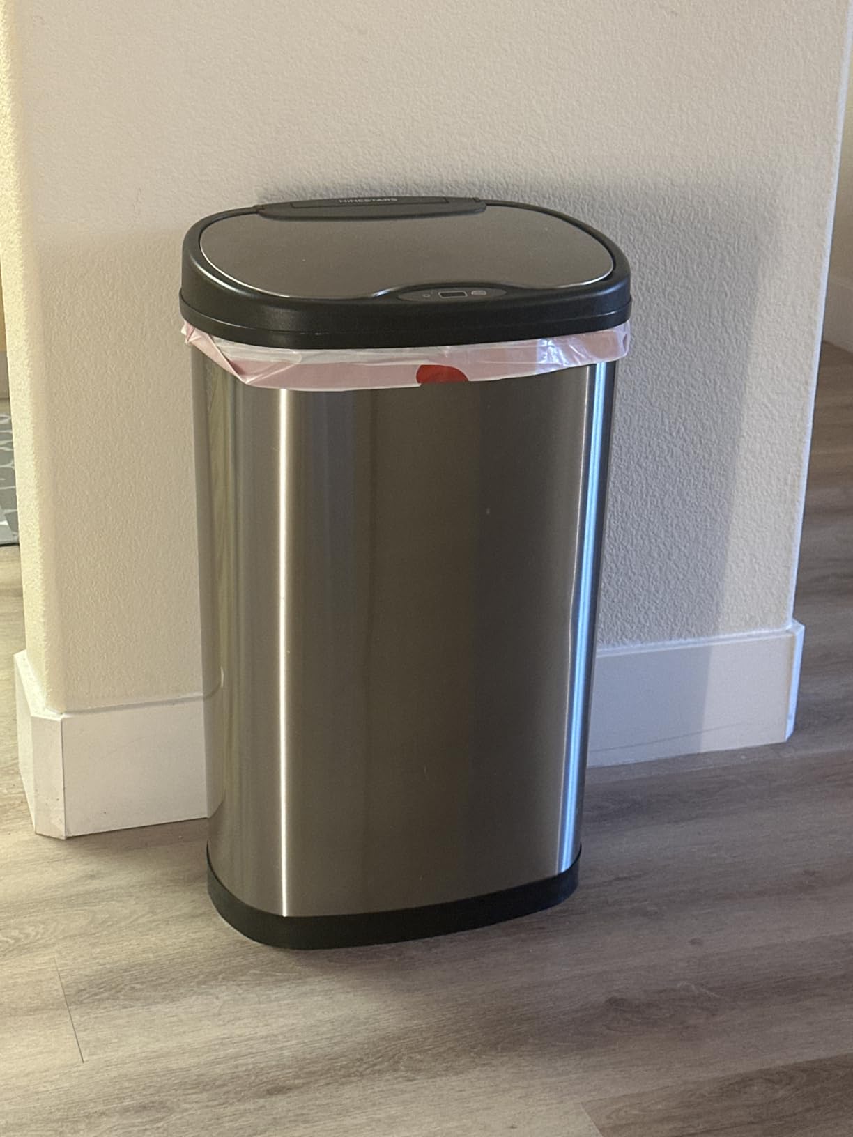 Ninestars 13 Gallon Oval Automatic Trash Can, 50L Touchless Motion Sensor Garbage Can with Odor-Sealing Lid & One-Touch Manual Mode, Silver Stainless Steel, Black Trim customer photo 1