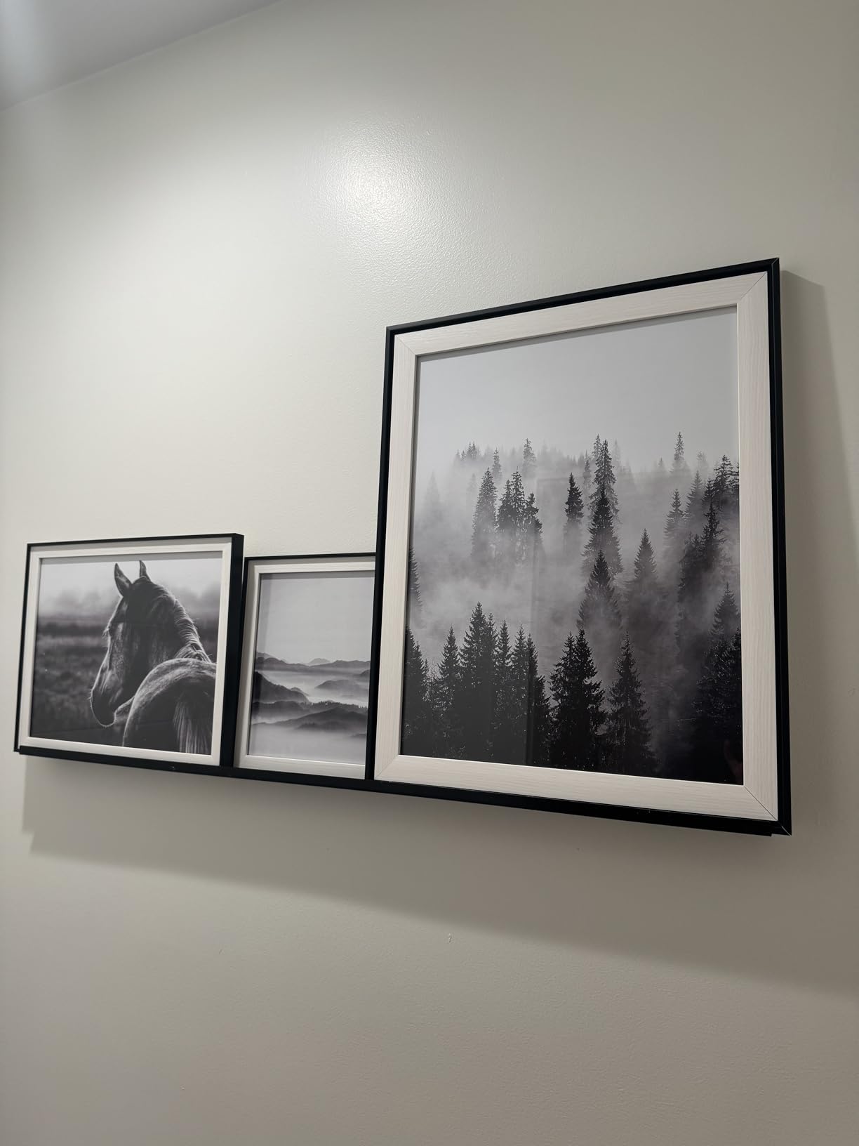 SunFlax 3 PCS Black White Natural Misty Forest Gallery Framed Wall Art | Forest Mountain Photography, Wild Horse Pictures, Wildlife Animal Artwork, Modern Landscape Prints for Living Room, Bedroom customer photo 1