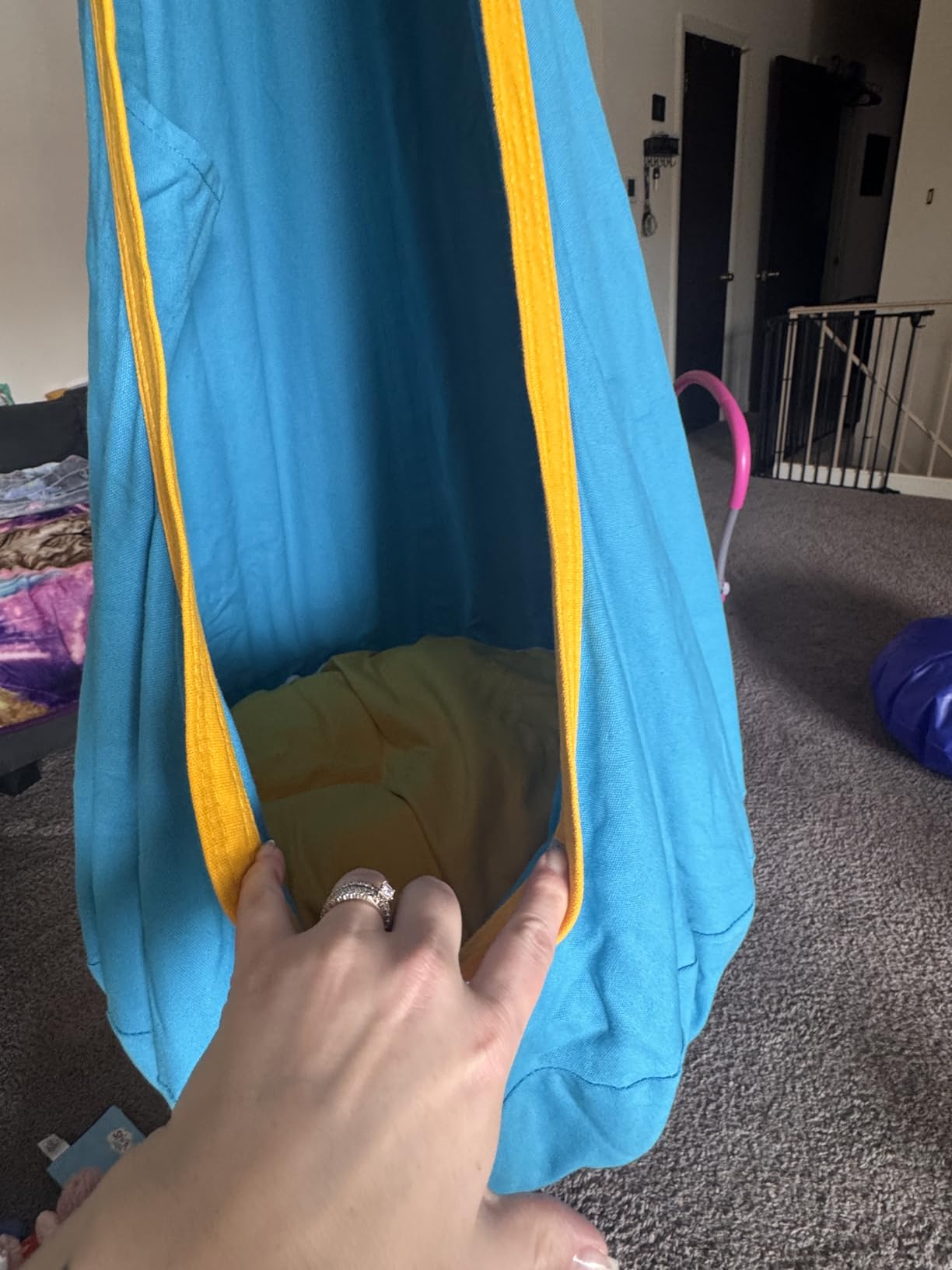 Y- STOP Pod Swing for Kids, Sensory Indoor Hanging Hammock Chair with Inflatable Pillow Sensory Cocoon Pod Swing Seat for Kids with Pocket for Indoor and Outdoor Blue and Green customer photo 2