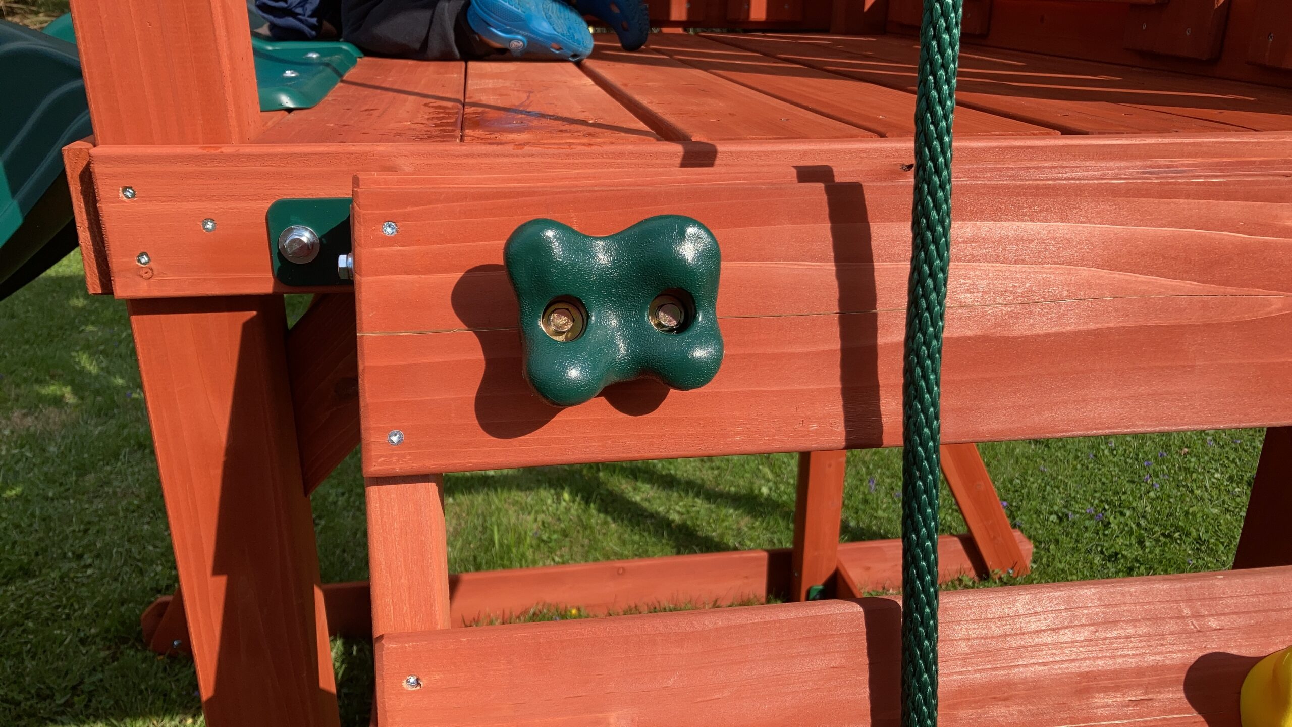 Gorilla Playsets Playmaker Deluxe Wooden Swing Set with Vinyl Canopy Roof, Dual Wave Slides, and Rock Climbing Wall, Redwood Stained Cedar customer photo 2