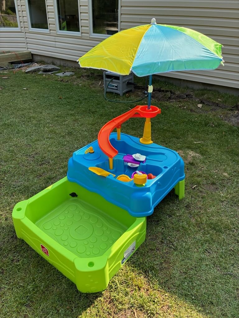 Step2 Waterpark Wonders Two Tier Water Table, Kids Water Activity Sensory Playset with Umbrella, Garden Hose Sprinkler Attachment, 11 Piece Accessories, Outdoor Summer Toy, Ages 18 Months+, Blue customer photo 2