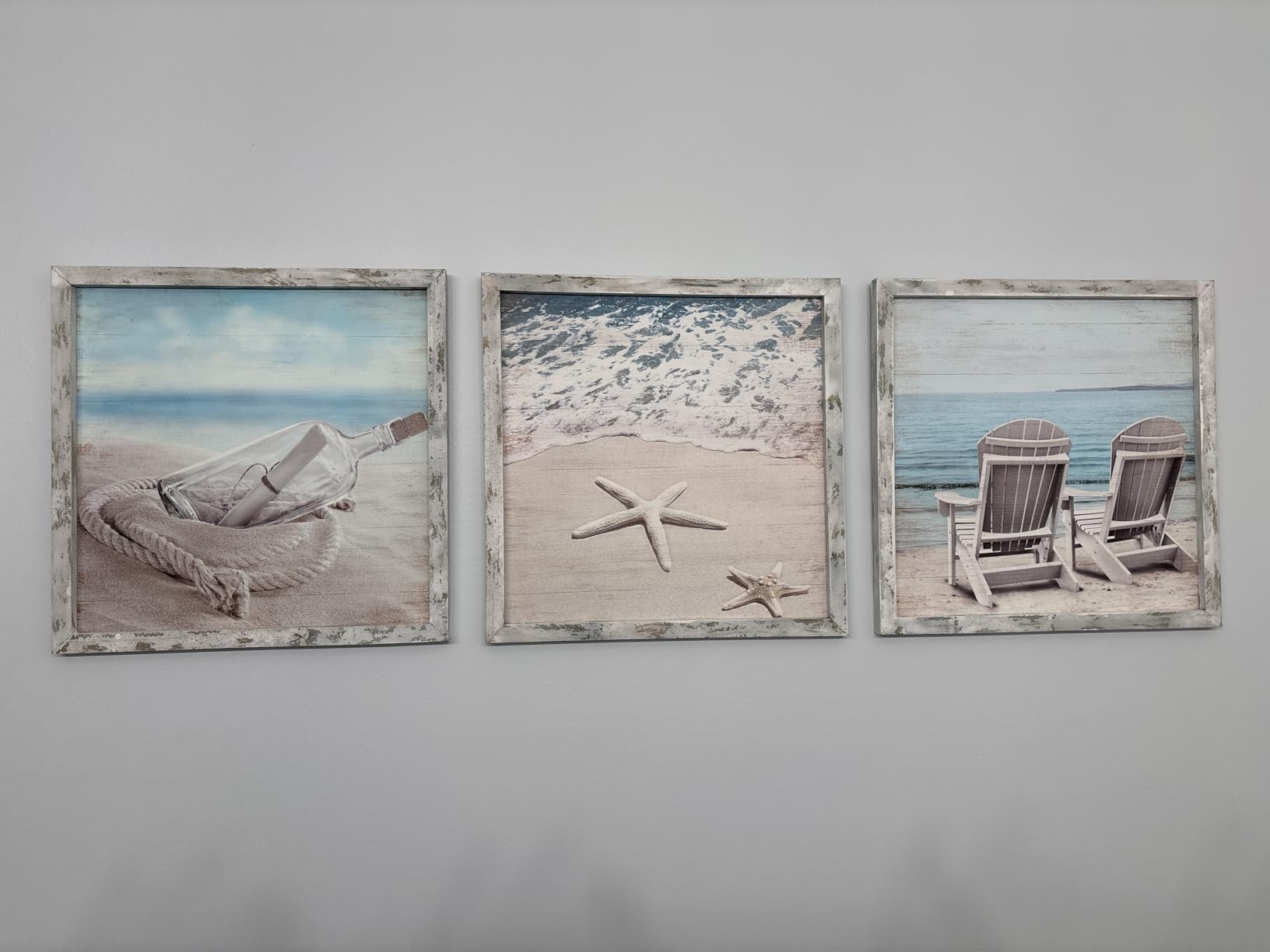 Seascape Pictures Framed Wall Artwork: Ocean Wall Art Set of 3 Beach Chairs & Drift Bottle Wall Art Coastal Prints on Wood for Bedroom customer photo 2