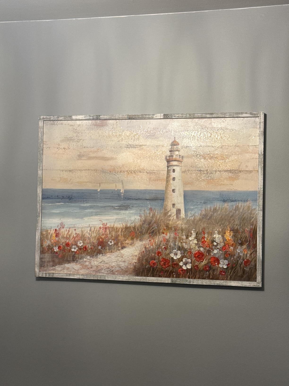 Lighthouse Framed Wooden Wall Art: Beach Artwork Abstract Ocean Painting Seascape Art Prints Coastal Pictures for Home Decor 16