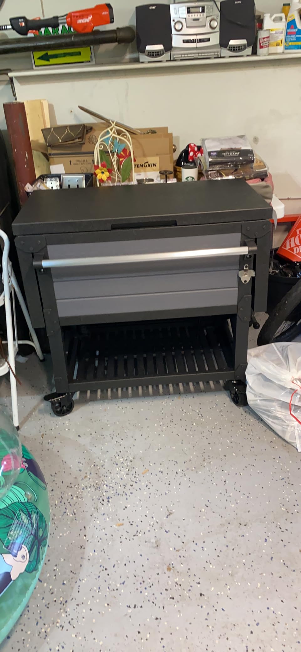 Keter 89.8 Qt Portable Outdoor Patio Cooling Chest, Graphite | Cooler Chest Beverage Party Bar Cart Table with Swivel Wheels, Shelves, and Bottle Opener customer photo 1