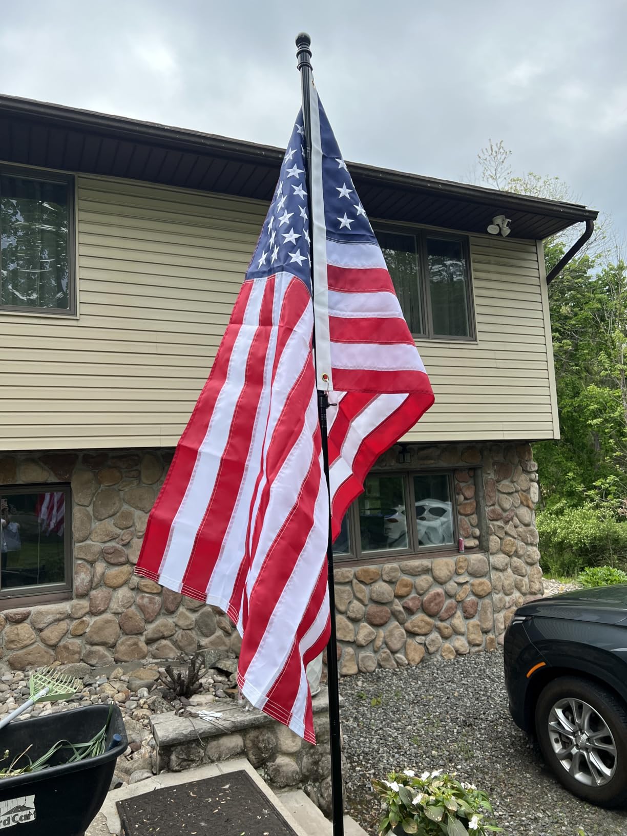 Flag Pole Kit for Outside House in Ground - 8FT Black Metal Outdoor House Yard Garden Flag Pole with 2 Prongs Base - Stainless Steel 3x5FT American Flag with Pole Residential Commercial customer photo 2