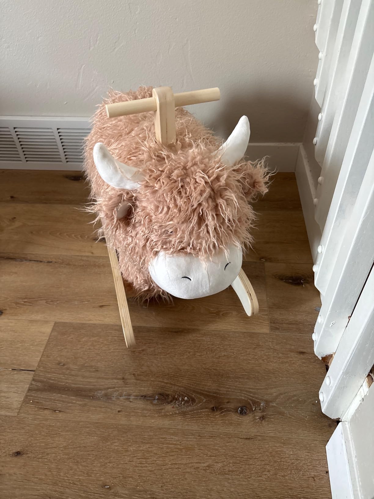 Baby Rocking Horse for 1 Year Old, Wooden Cow Animal Rocker Ride-on Toy Plush Wooden Rocking Toy for Nursery Playroom Indoor Wooden Rocking Horse Balance Seat with Handles Birthday Party Shower Gift customer photo 2