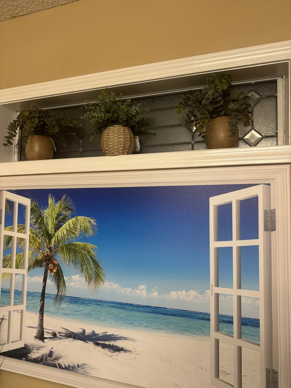 Beach Pictures Wall Art Decor for Living Room Blue Ocean Painting for Bedroom White Window Frame Style Palm Trees Canvas Wall Blue Coastal Landscape Artwork for Bathroom Home Office Decorations, Ready to Hang (24*36, Beach Palm Trees Wall Art) customer photo 2