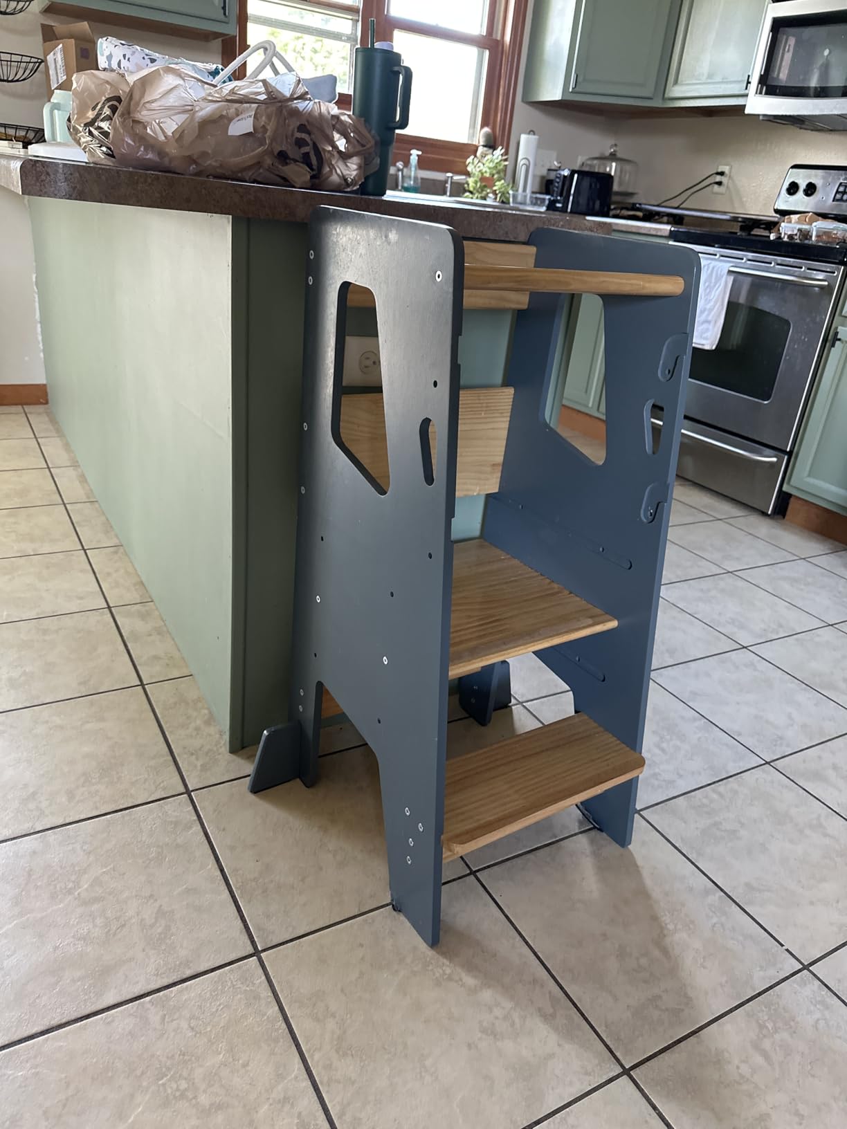 Toddler Standing Tower with 3 Safety Bars - Kitchen Stool Helper - Gray | Non-slip strips for the steps and padded support feet for stability and confidence at the kitchen counter and bathroom sink customer photo 2