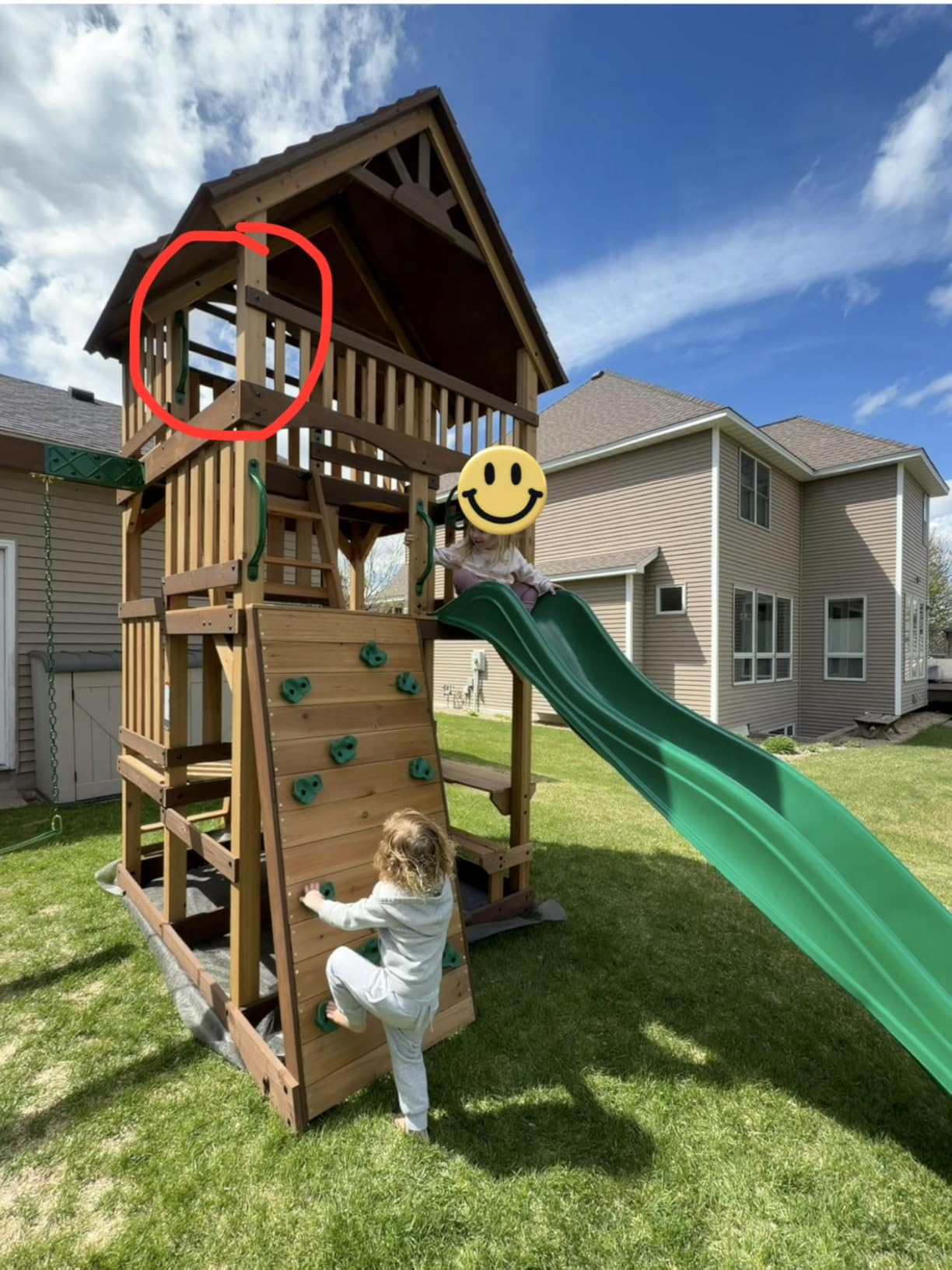 Backyard Discovery Highlander Cedar Wood Swing Set with Wave Slide, Three-Story Clubhouse, Rock Wall, Picnic Table, Belt Swings, Web Swing, Sandbox, Three Ladders, Toy Accessories, Outdoor Playset customer photo 2