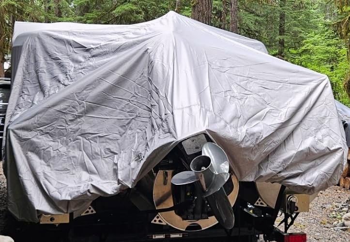 Solim Trailerable 1200D PU Heavy Duty Pontoon Boat Cover, 22-24ft Waterproof Marine Grade Oxford UV Resistant Polyester Canvas Cover, Boat Cover for Pontoon with Adjustable 18 Tie Down Straps, Gray customer photo 2