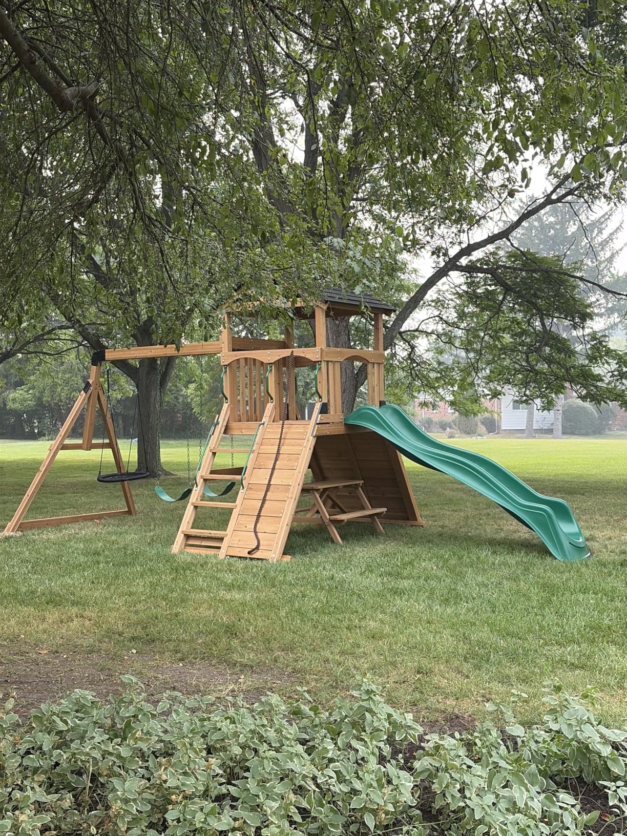 Backyard Discovery Endeavor II Cedar Wood Swing Set with Wave Slide, Play Deck, Double Rock Wall, Picnic Table, Climbing Wall, Belt Swings, Web Swing, Toy Telescope, Step Ladder, Outdoor Playset customer photo 2