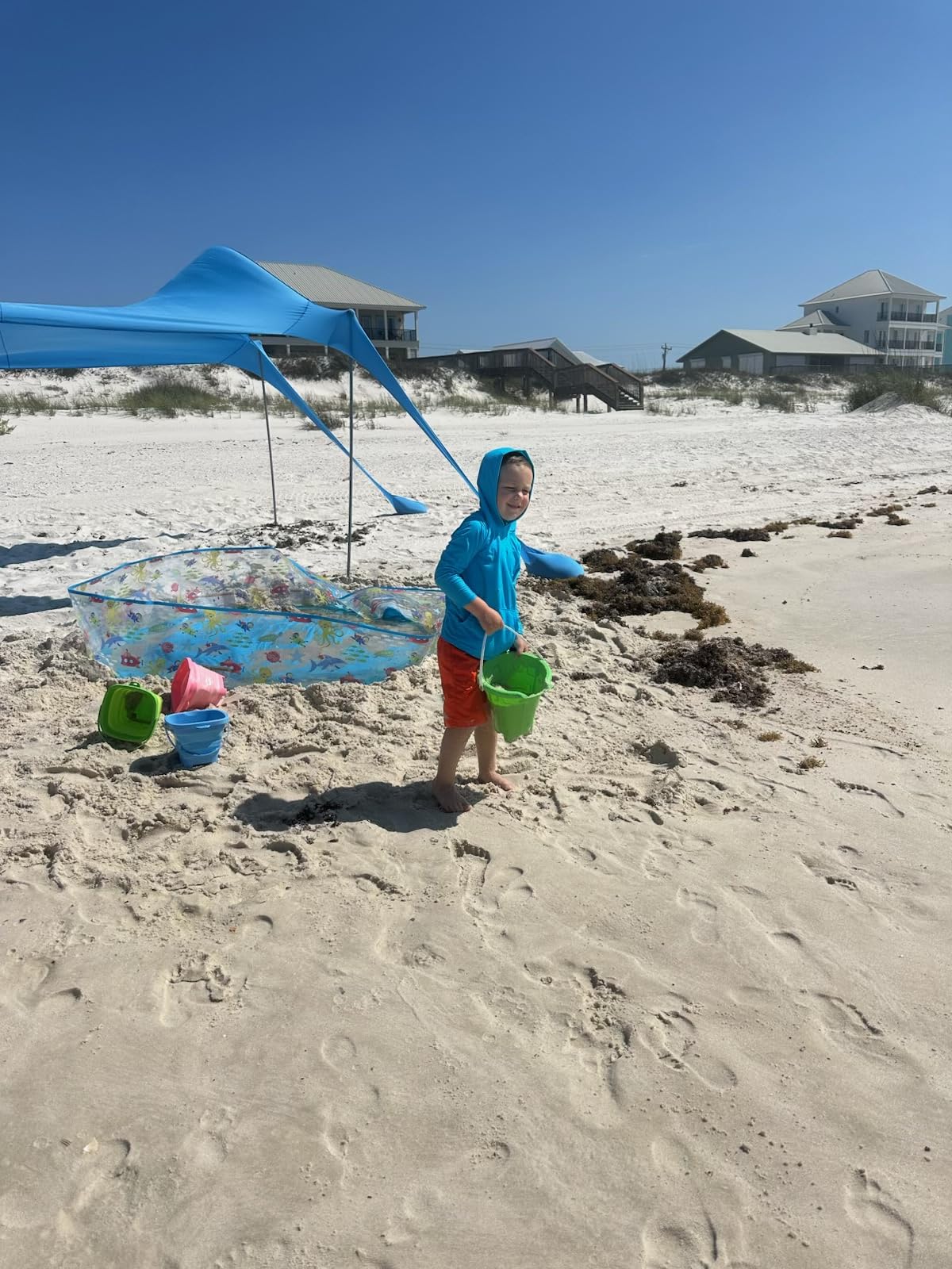 YENGIAM Beach Canopy Beach Tent UPF50+ 11x11 FT Easy to Setup Extra Windproof Rope Sun Shelter Beach Shade Canopy with 4 Stability Poles Outdoor Shade for Beach Camping Family customer photo 1
