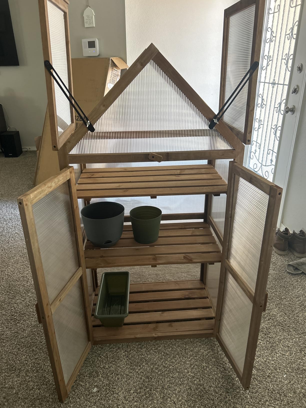 LDAILY Cold Frame Greenhouse, Wooden Raised Flower Planter Shelf w/ Triangular Top Grow Protection, Double Doors, Greenhouse Cabinet for Outdoor Patio Balcony Garden Backyard, 27