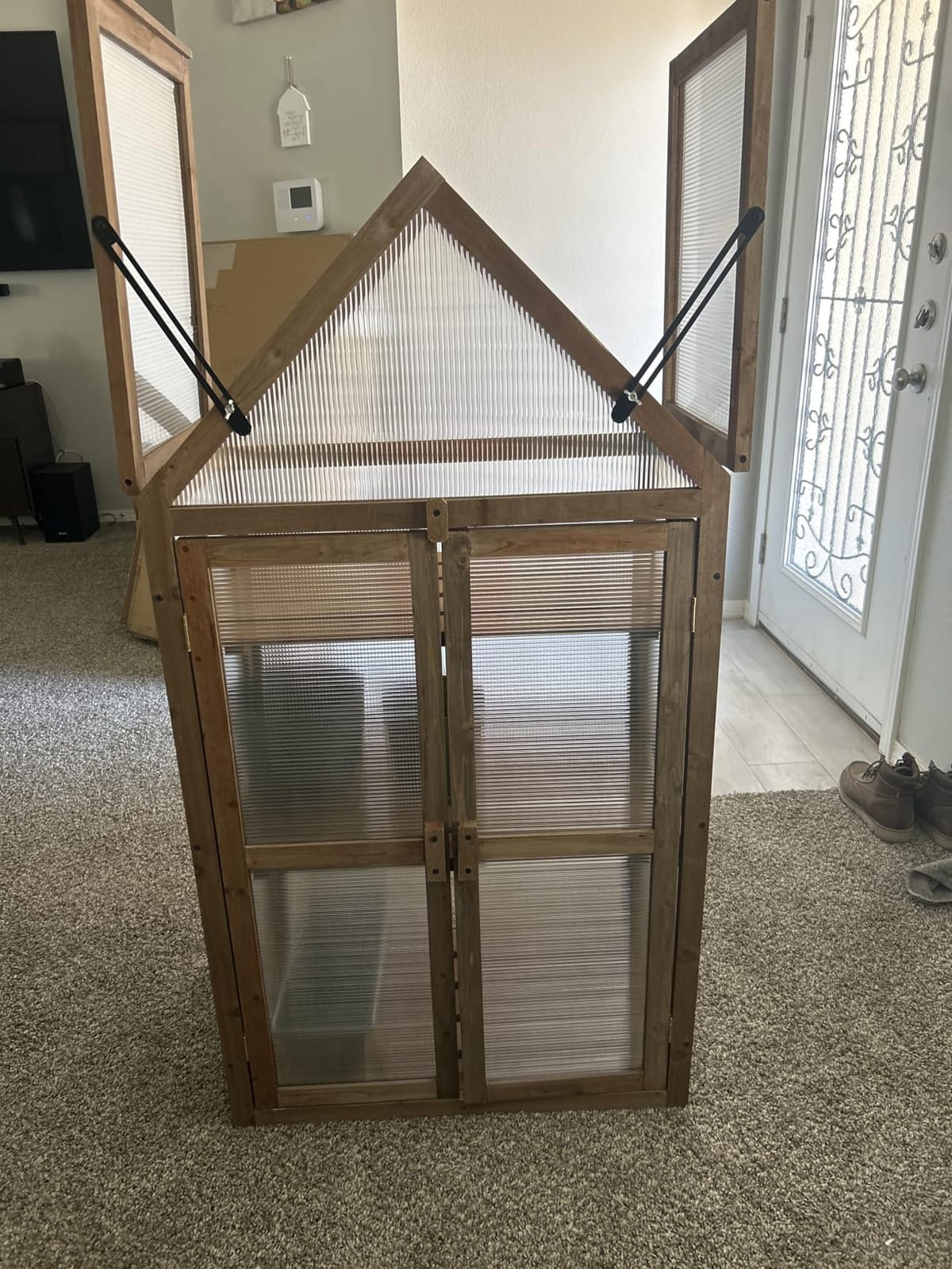 LDAILY Cold Frame Greenhouse, Wooden Raised Flower Planter Shelf w/ Triangular Top Grow Protection, Double Doors, Greenhouse Cabinet for Outdoor Patio Balcony Garden Backyard, 27