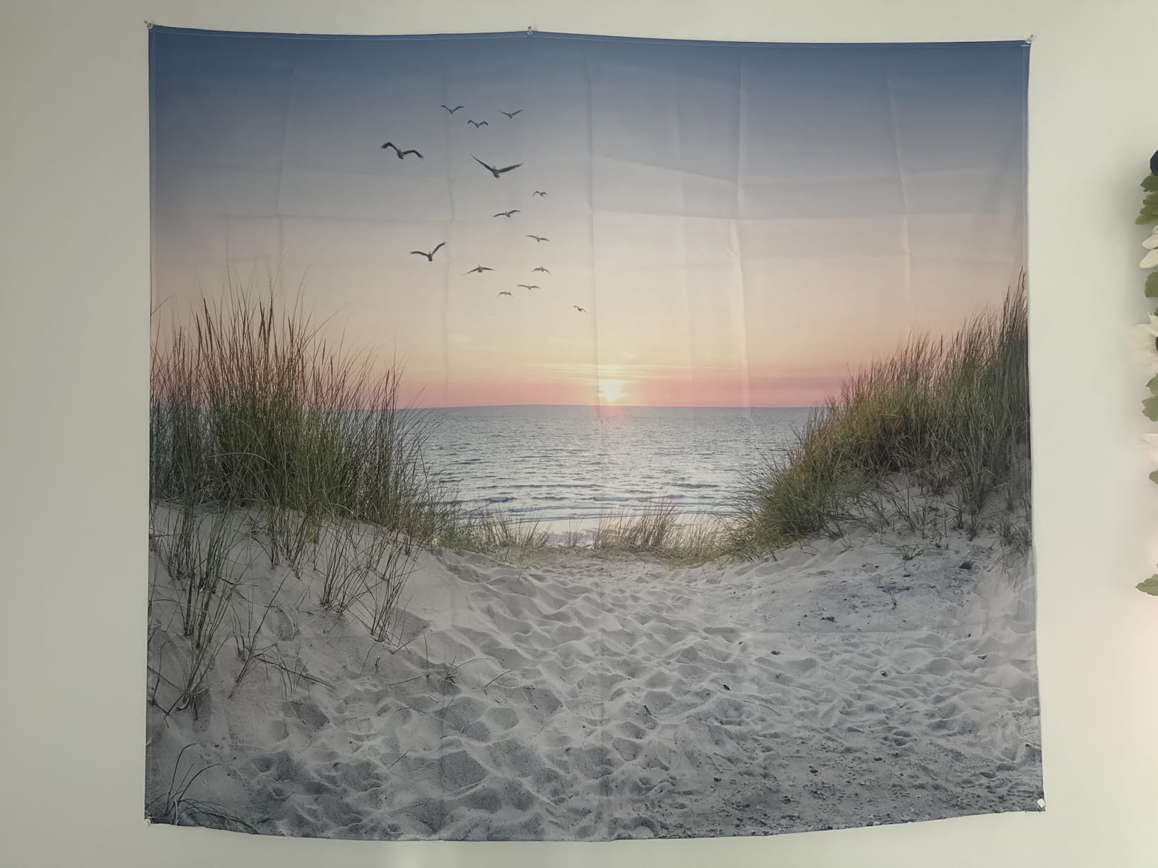 HVEST Ocean Beach Tapestry Wall Hanging, Sunset Seabird and Beach with Grass Wall Hanging Tapestry Natural Landscape Tapestry for Bedroom Living Room Dorm Decoration Wall Decor, 80x60 Inches customer photo 1