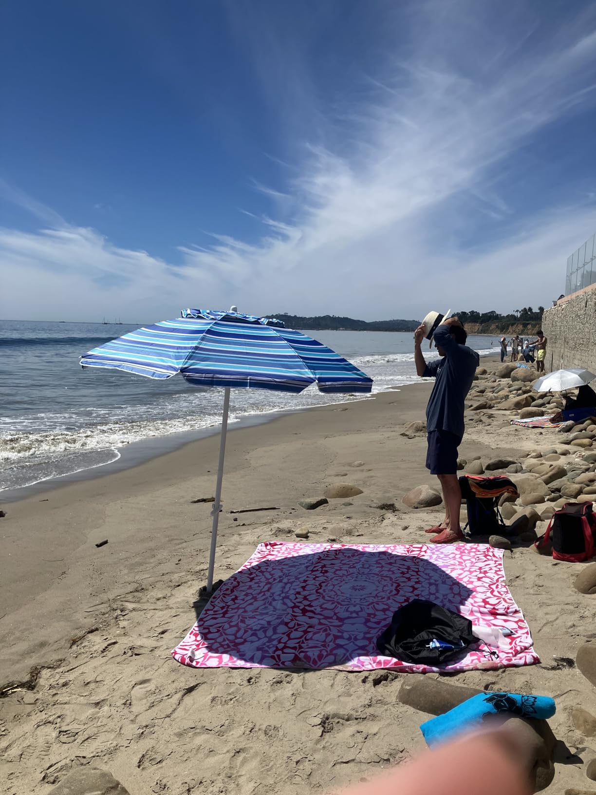Aoxun 6.5ft Beach Umbrella with Tilt Pole, Portable Sand Anchor and Carry Bag, UPF 50+ Sun Shelter Air Vents Design for Outdoor Activities (Navy Blue & White) customer photo 1