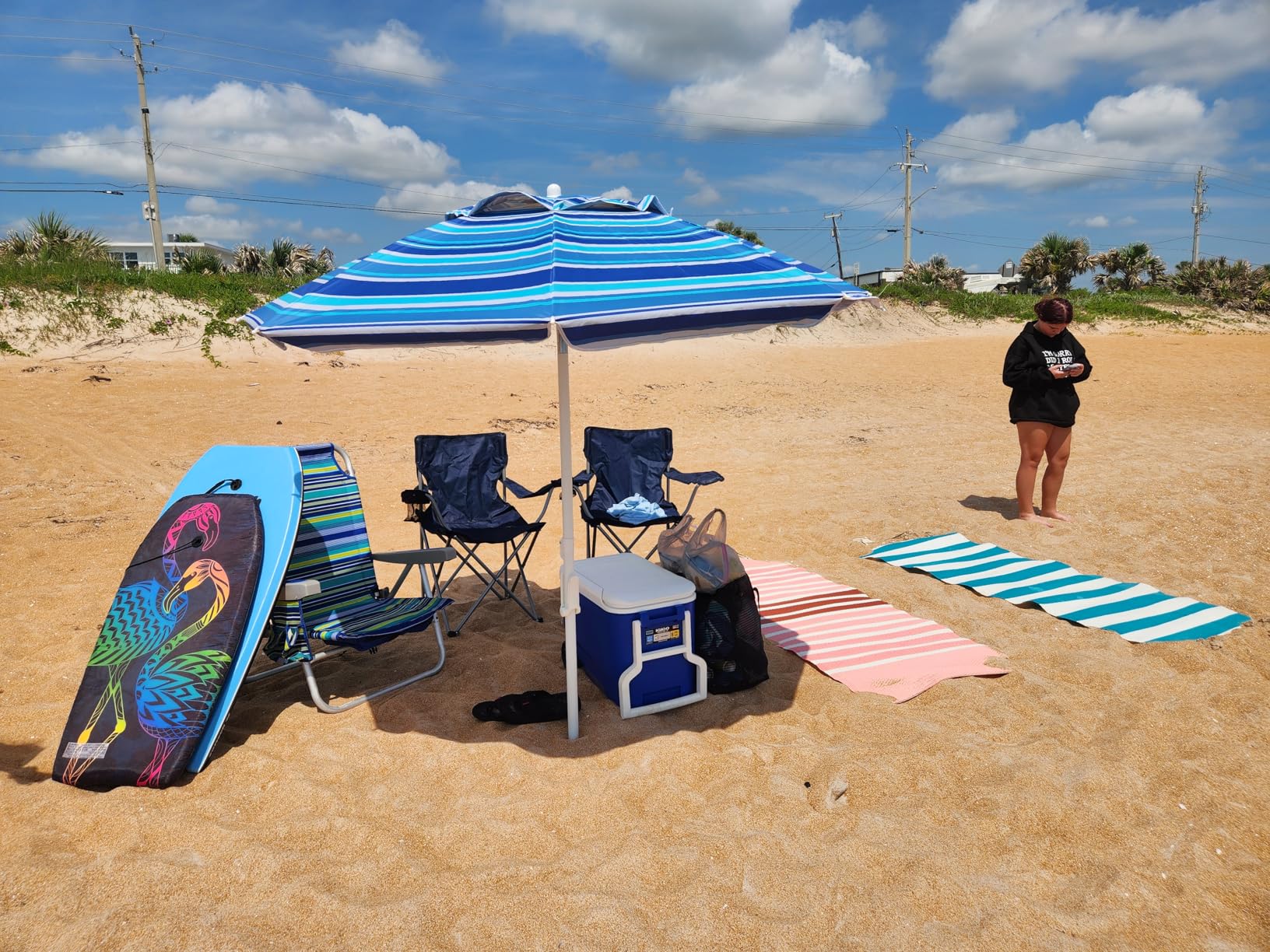 Aoxun 6.5ft Beach Umbrella with Tilt Pole, Portable Sand Anchor and Carry Bag, UPF 50+ Sun Shelter Air Vents Design for Outdoor Activities (Navy Blue & White) customer photo 2