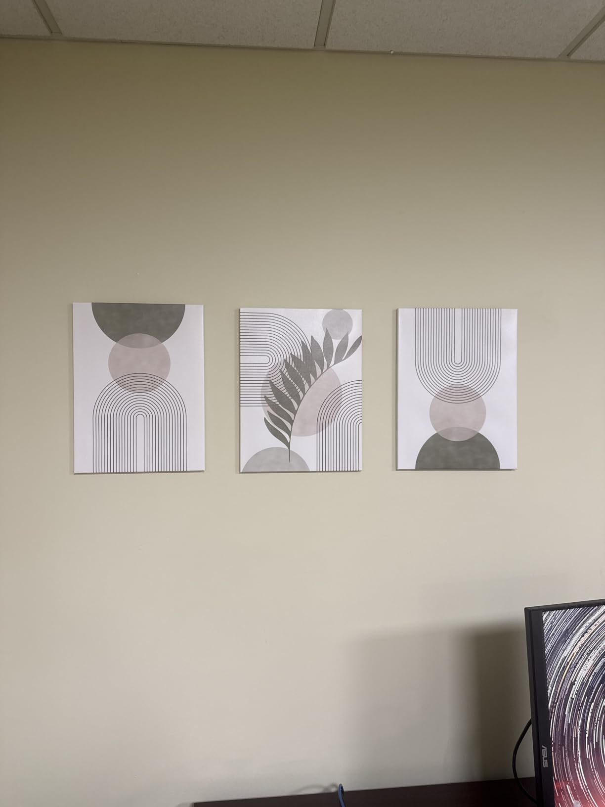 Sage Green Boho Wall Art Set of 3, Minimalist Framed Wall Art Geometric Line Leaf Sun Moon Beige Green Canvas Artwork Paintings, Abstract Botanical Boho Room Decor, Office, 12