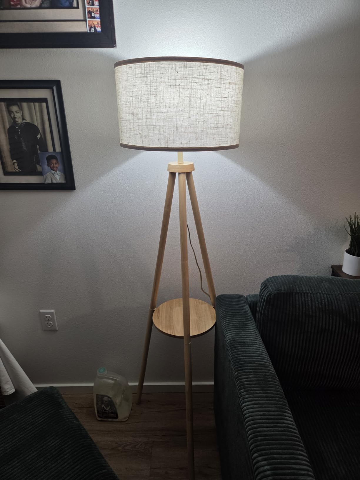 OUTON Wood Tripod Floor Lamp with Shelves, Mid Century Floor Lamp with Remote Control, 4 Color Temperature, LED Modern Dimmable Standing Lamp with Beige Linen Shade for Living Room, Bedroom, Office customer photo 1