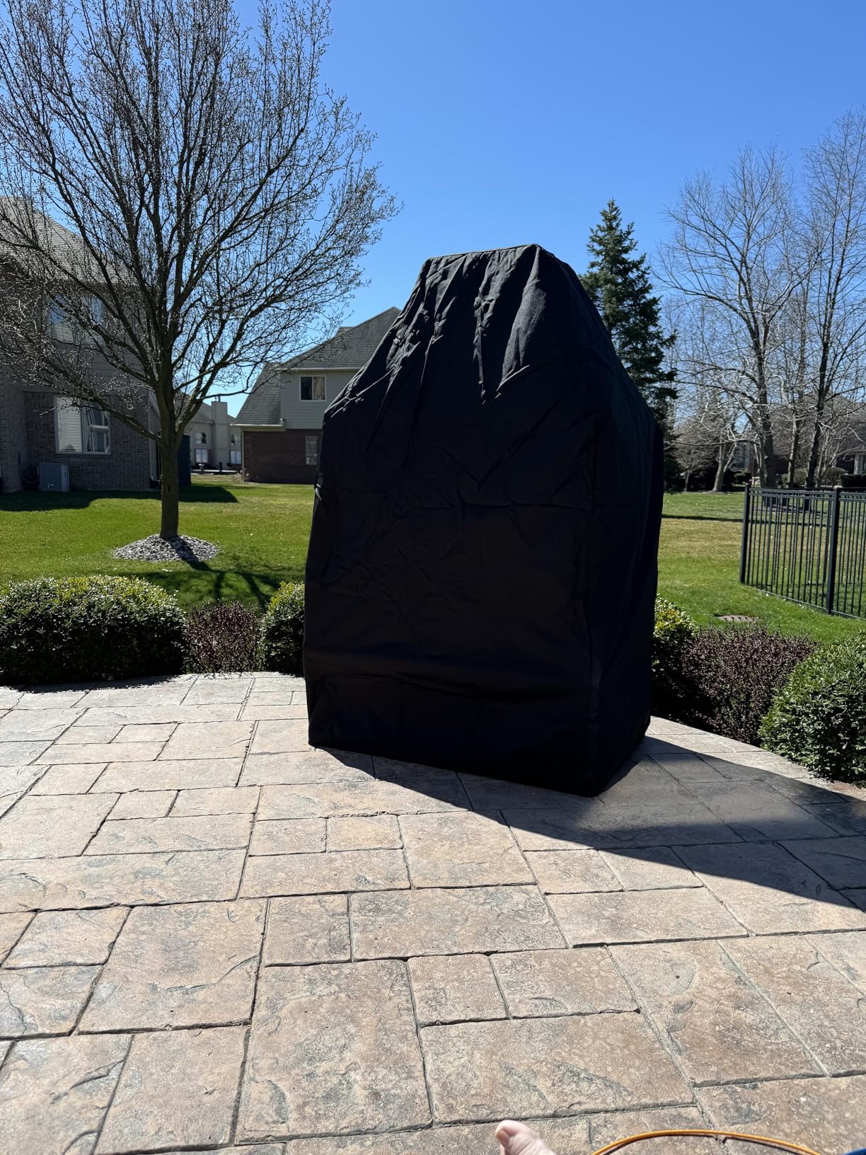 Sunjoy Outdoor Fireplace, Stone Look Tile Patio Wood Burning Steel Fireplace with Chimney, Spark Screen, Fire Poker, Rain Cover, and Removable Grate, Black with Golden Highlight customer photo 2