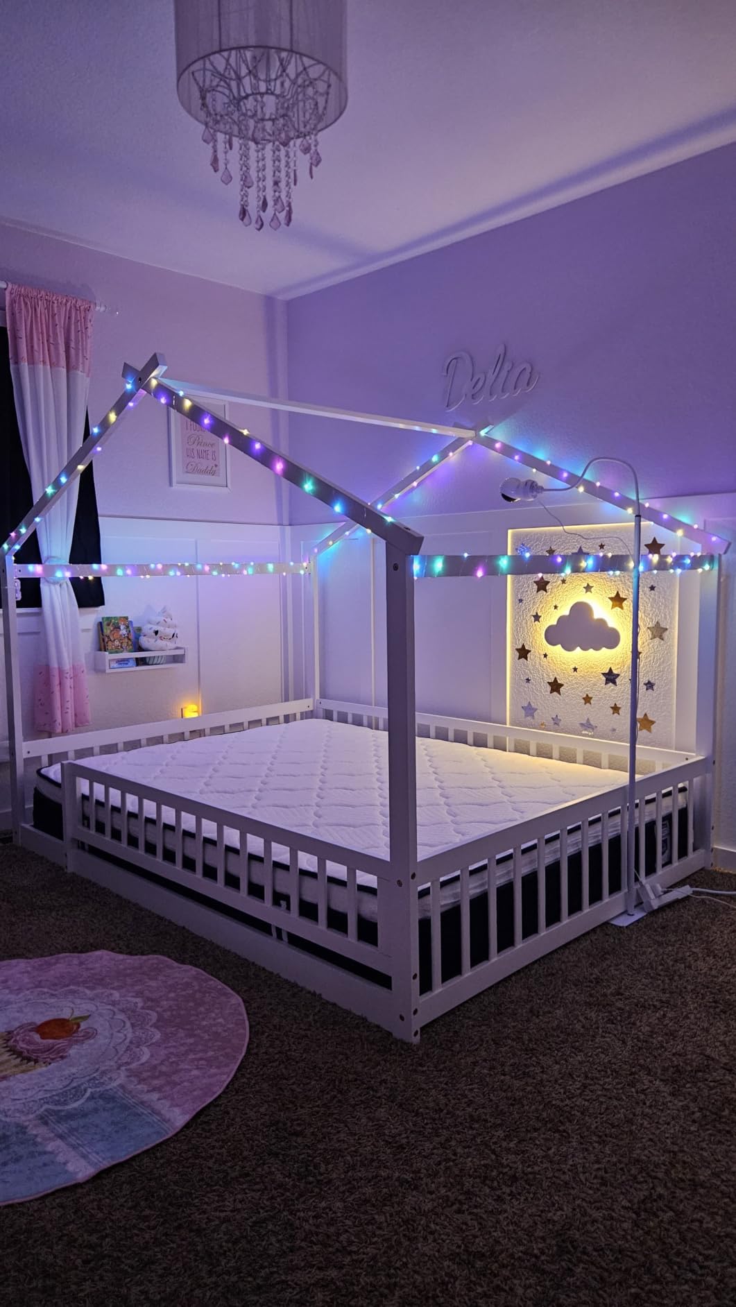 LLS Full Size House Bed with Fence, Wooden Montessori Bed with Slats Support, Floor Bed Frame for Boys Girls Bedroom, Natural customer photo 2