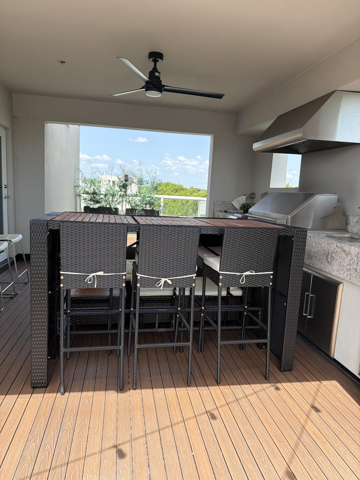 Yaheetech 7 Piece Patio Dining Set Outdoor Acacia Wood Bar Table and Chairs | with Removable Cushions, Wicker Furniture Set for Deck, Backyard, Garden, Black/Beige customer photo 1