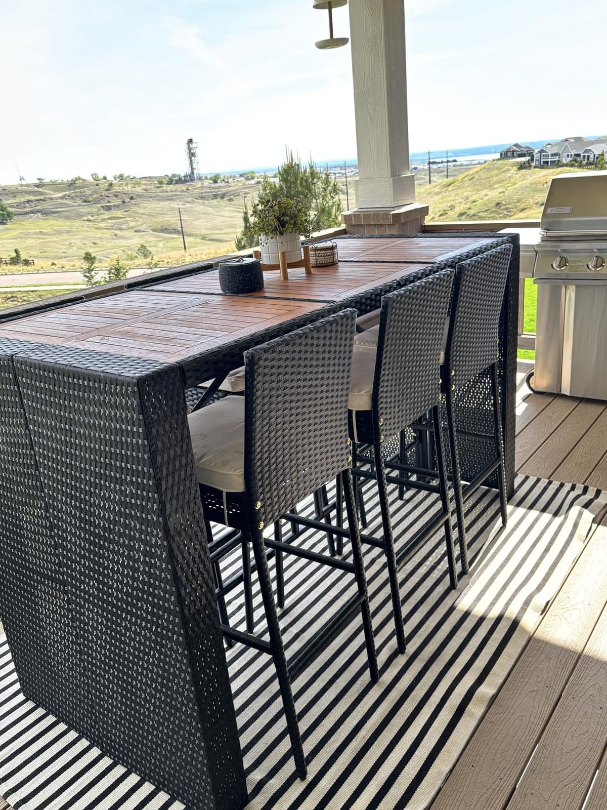 Yaheetech 7 Piece Patio Dining Set Outdoor Acacia Wood Bar Table and Chairs | with Removable Cushions, Wicker Furniture Set for Deck, Backyard, Garden, Black/Beige customer photo 2