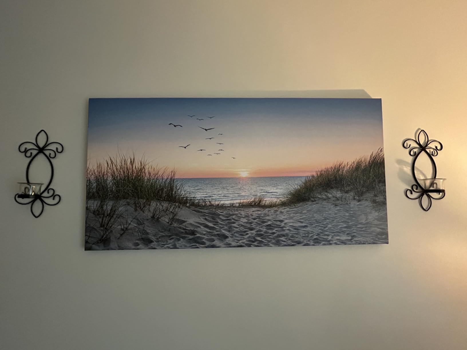 RUIFENGL Sunset Beach Wall Art Seagull Sand Dune Seascape Canvas HD Prints | Beach Canvas Wall Art Golden Sunlight Blue Ocean Picture for Living Room Office Home Decoration Framed Ready to Hang 20