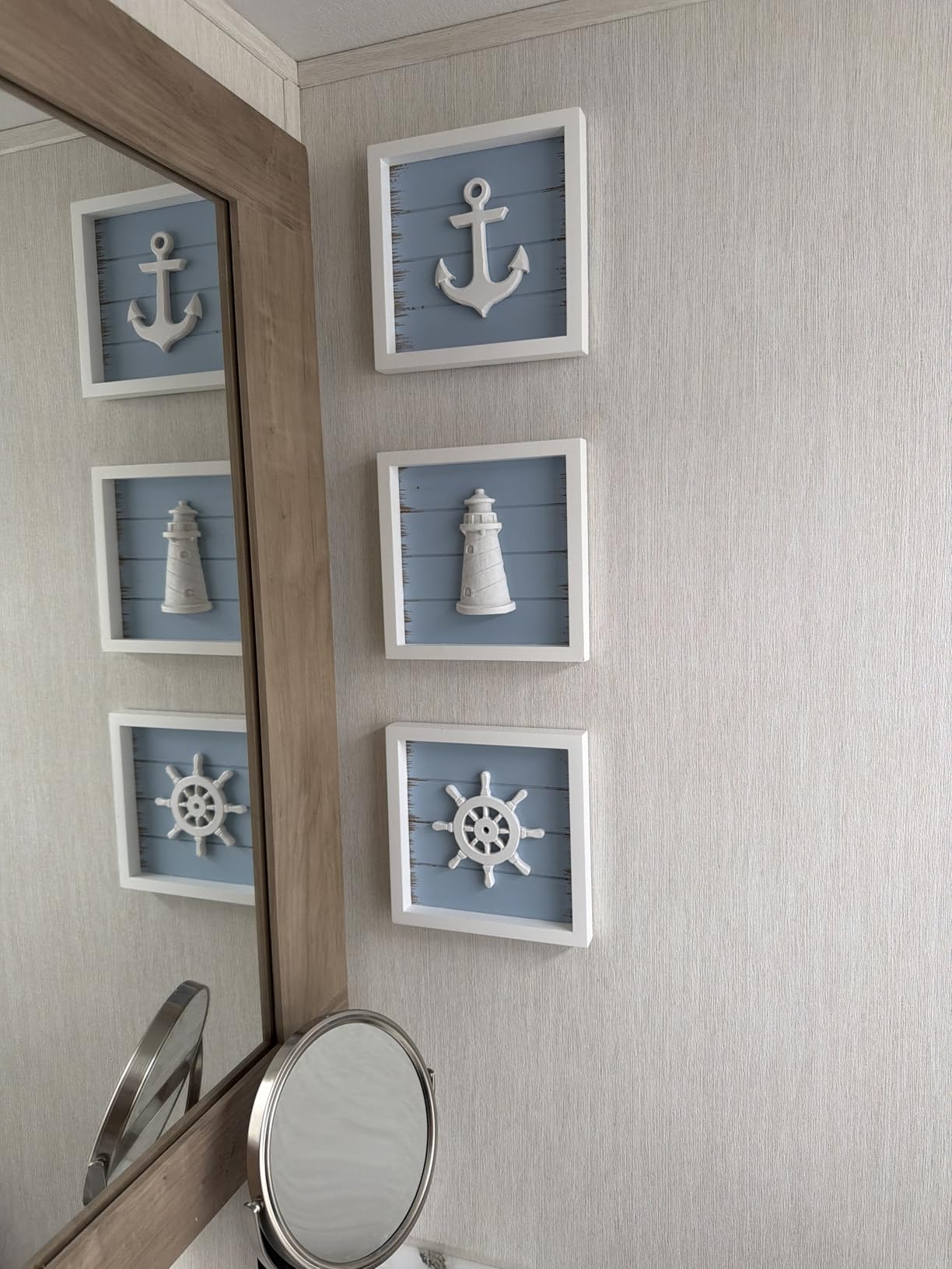 TideAndTales 3D Nautical Wall Decor (Framed Set of 3) Anchor, Lighthouse and Ship Wheel - Rustic Beach Bathroom Coastal Theme Home Decorations - Nautical Gifts, Classic Blue 7