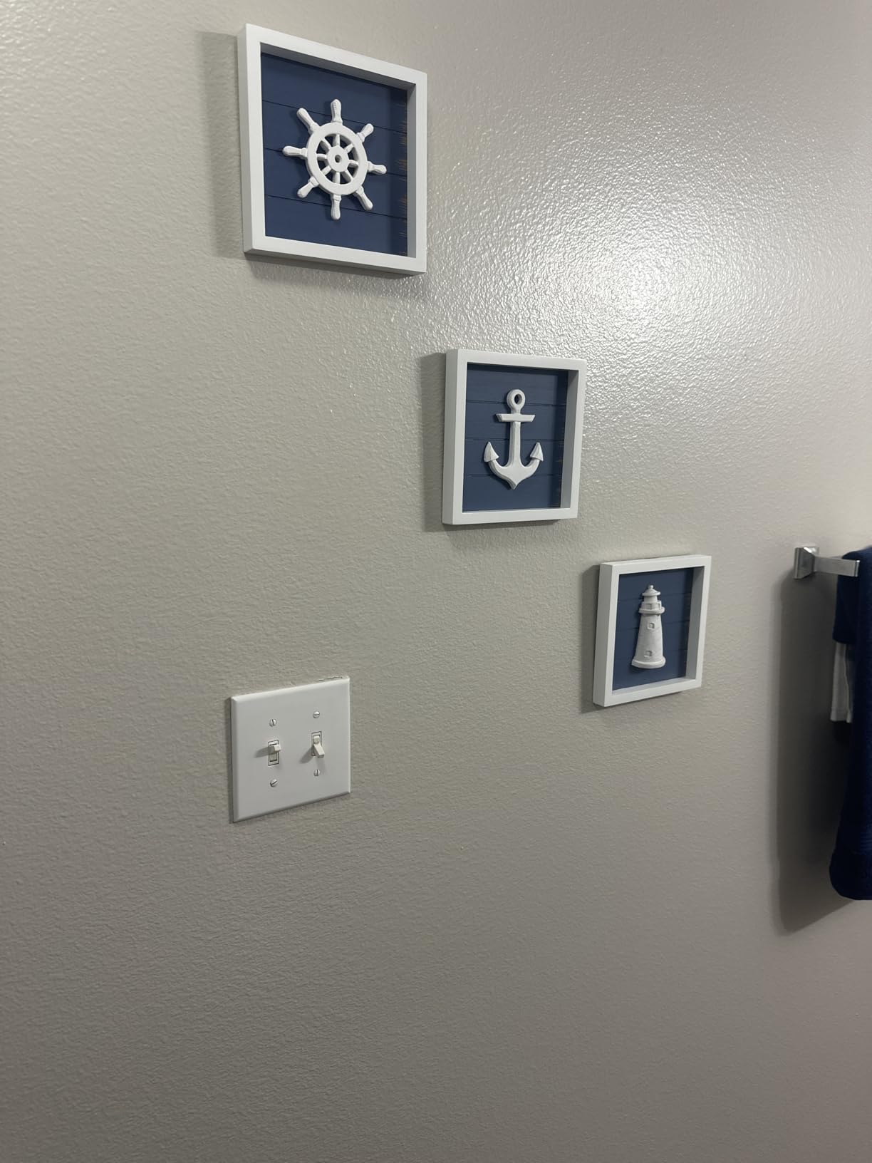 TideAndTales 3D Nautical Wall Decor (Framed Set of 3) Anchor, Lighthouse and Ship Wheel - Rustic Beach Bathroom Coastal Theme Home Decorations - Nautical Gifts, Classic Blue 7