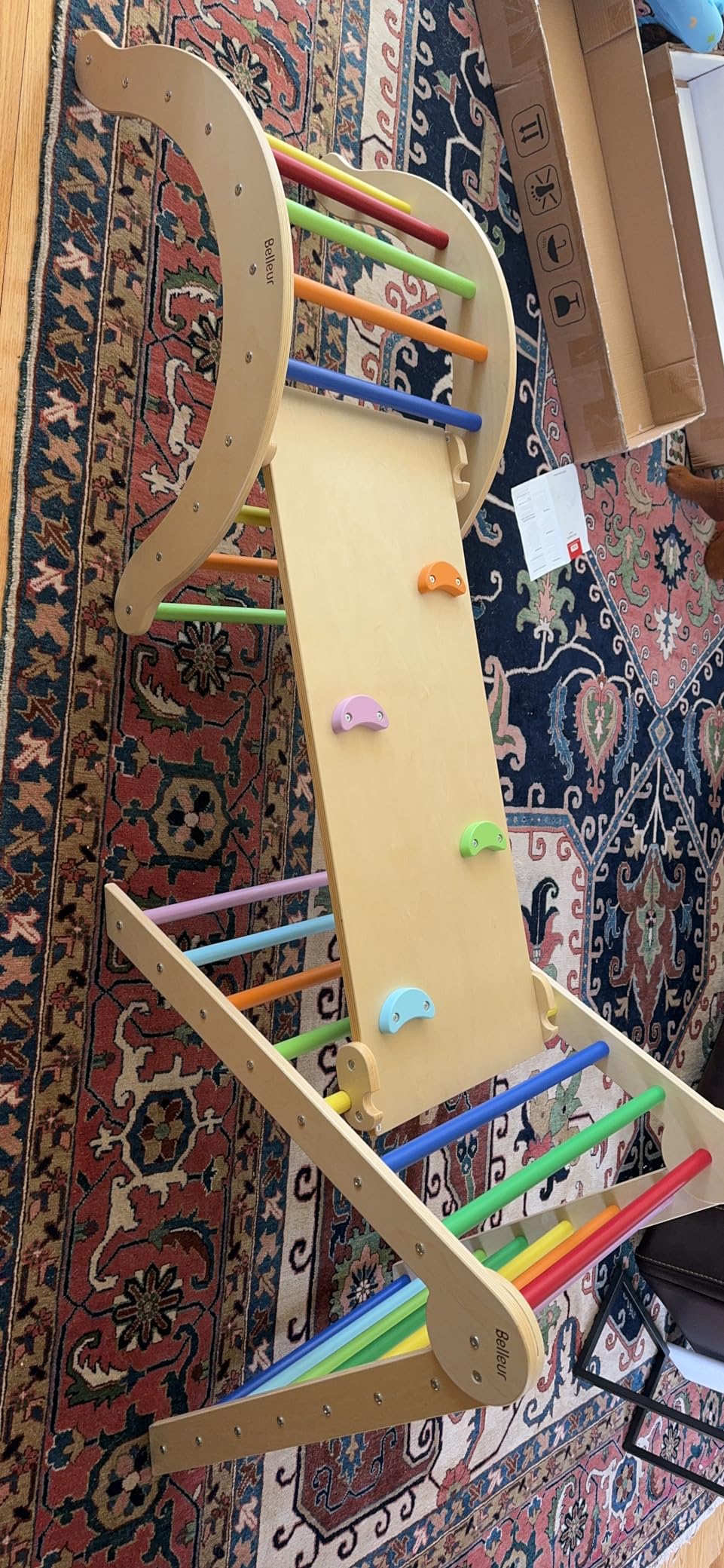 Belleur Pikler Triangle Set, 7-in-1 Foldable Climbing Toys for Toddlers 1-6 Years Old, Wooden Montessori Climbing Set with Arch, Ramp & Ladder, Baby Indoor Climber Jungle Gyms - Rainbow customer photo 2