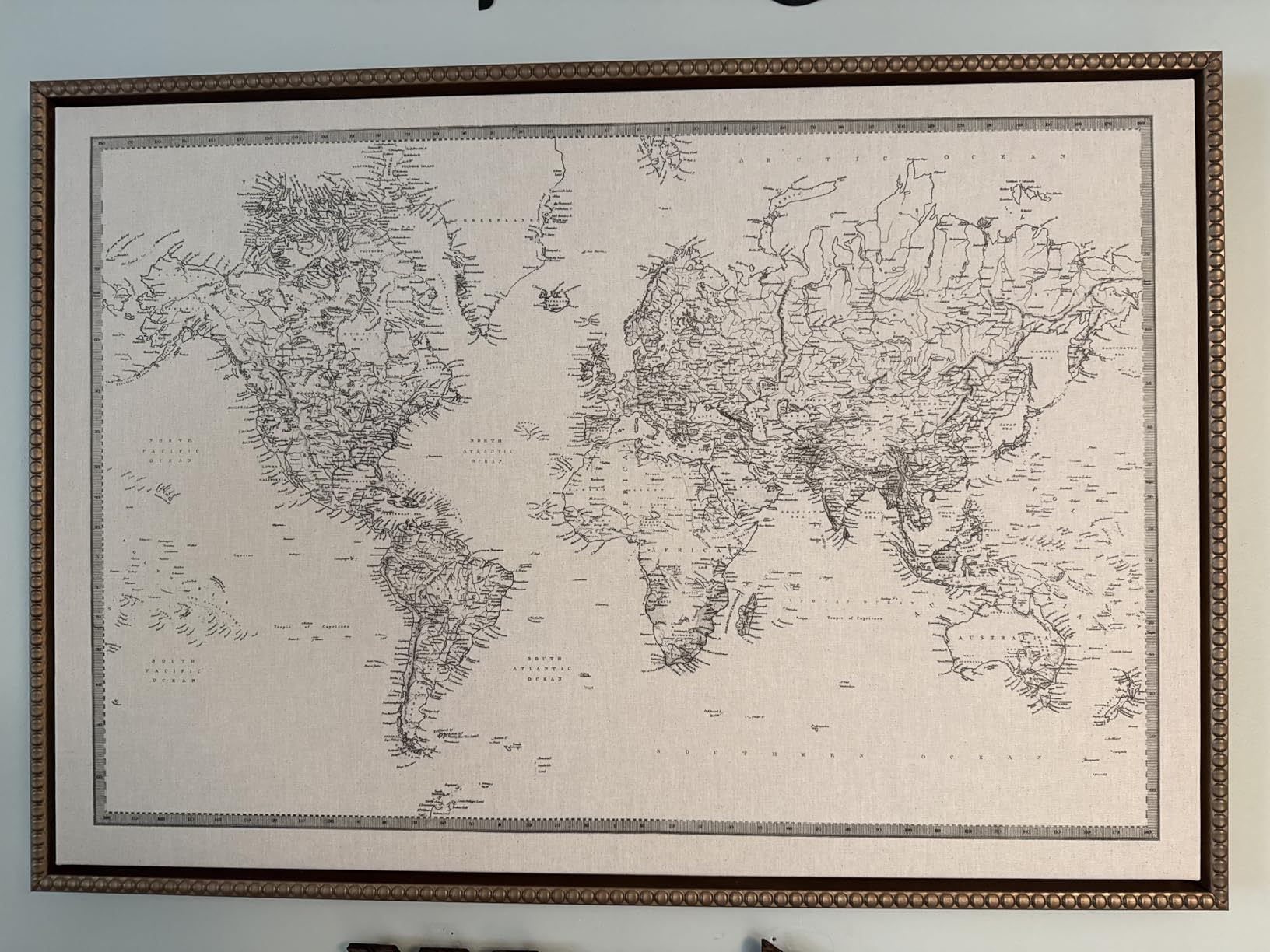 Kate and Laurel Sylvie Beaded Vintage Black and White World Map Vintage Framed Canvas Wall Art by The Creative Bunch Studio, 23x33 Gold, Modern Geographical Map Decor customer photo 1