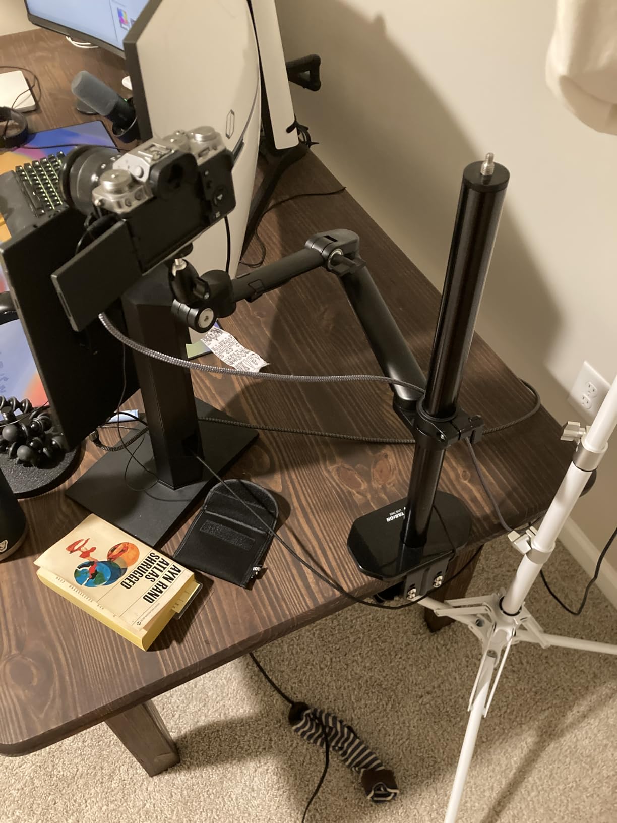 TARION Camera Desk Mount Overhead DSLR Arm Stand Titanrig Lite Z | Double C Clamp, 17.6 lbs Load Capacity, Extra Tablet Holder, 1/4