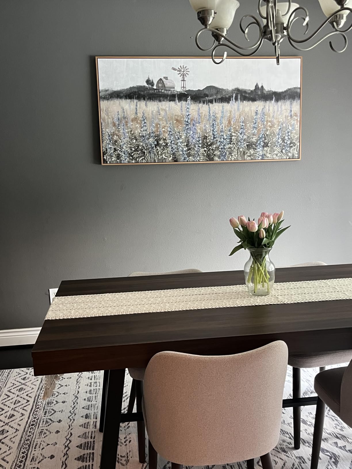 Nicetop Large Vintage Farmhouse Canvas Wall Art for Living Room 24x48inch | Cottagecore Painting, Meadow with Flowers Landscape, Rustic Countryside Windmill Barn Artwork for Bedroom Office Entryway customer photo 2