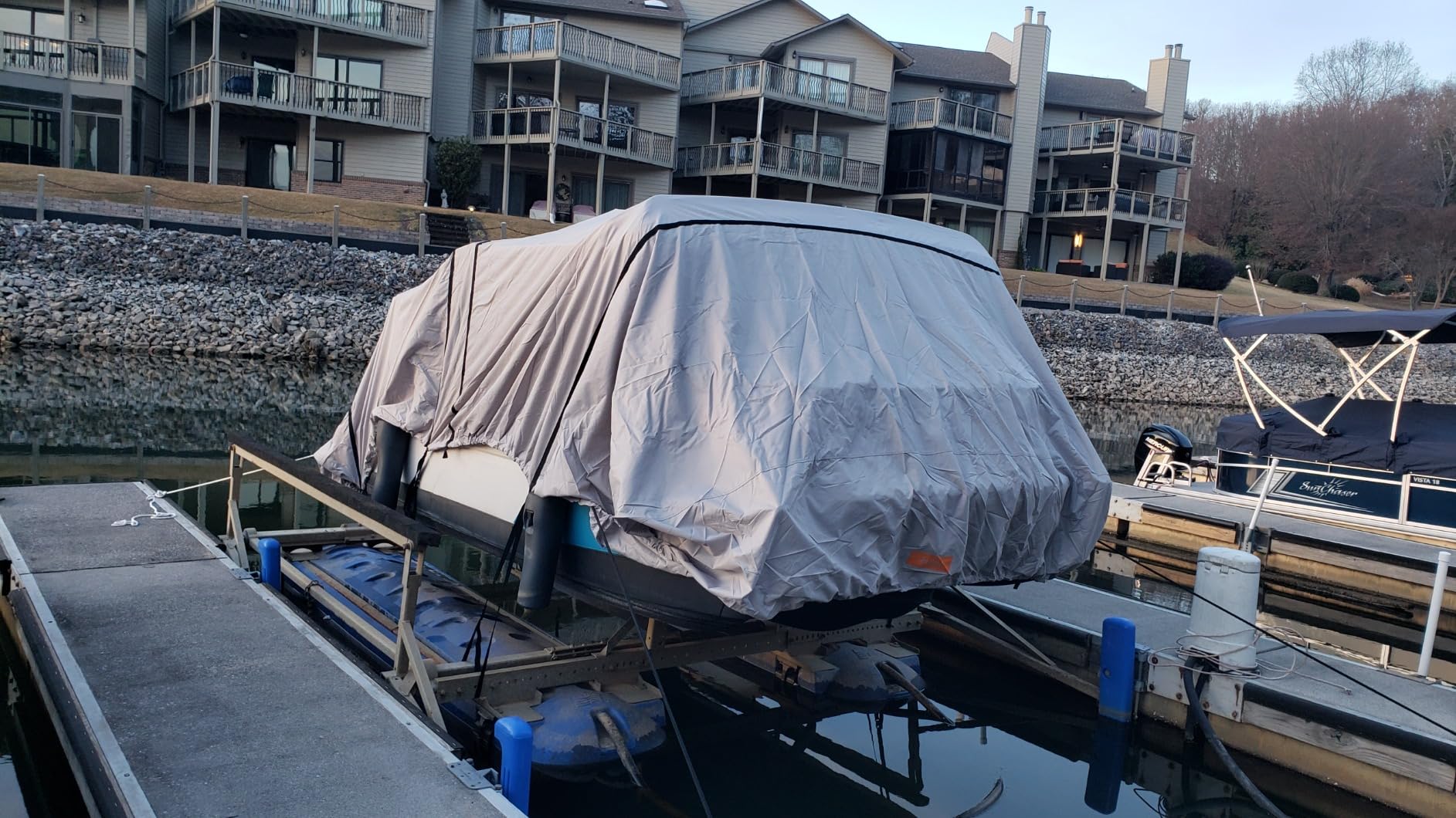 Pontoon Boat Cover, 1400D Reinforced, Motor Cover, 21-24ft, Gray | Heavy Duty Fabric Marine Grade, Air Vents, Trailerable, Waterproof, UV Resistant, fits 102