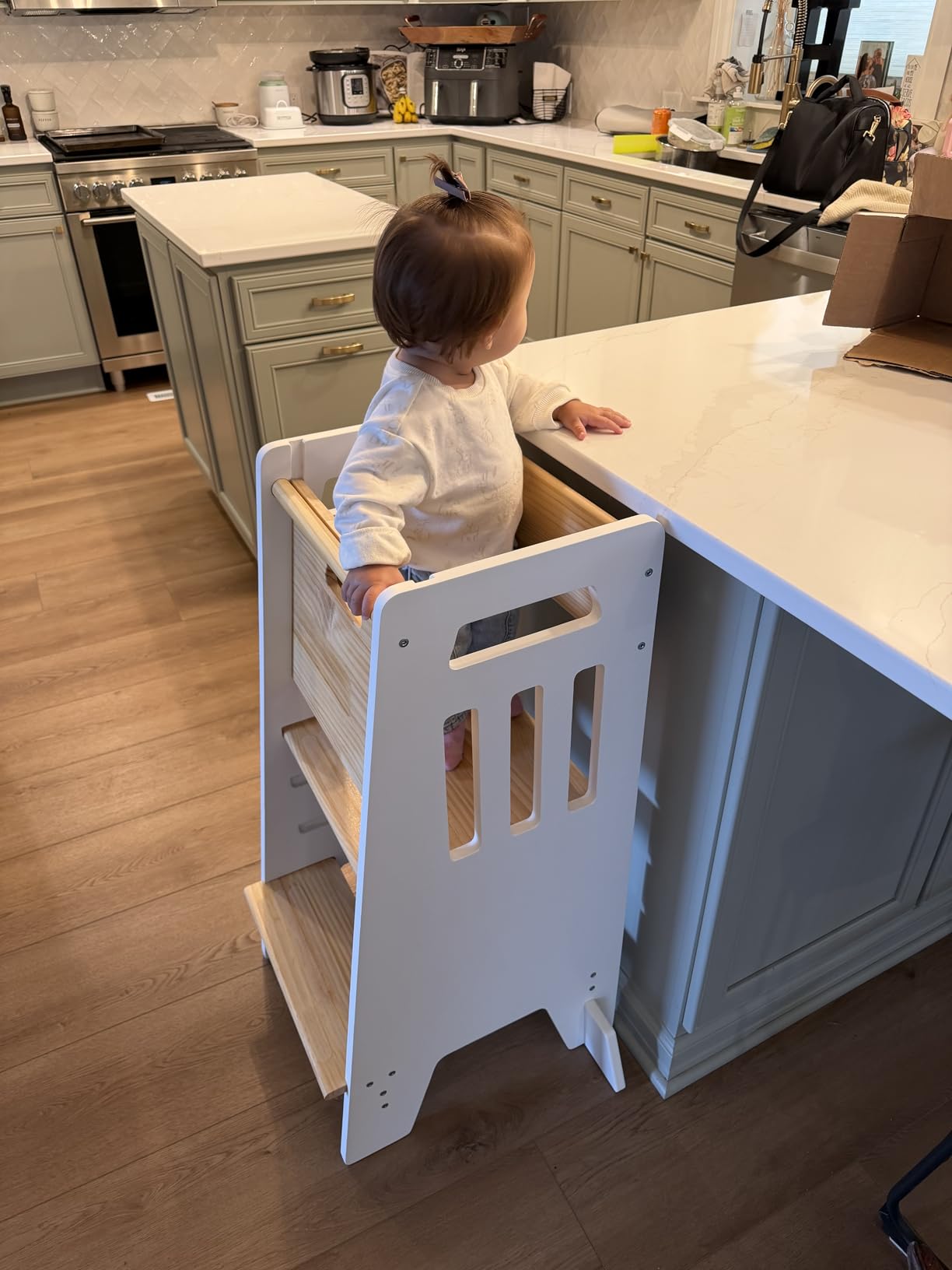 Toddler Tower with Sliding Door - 3 Adjustable Heights - 2026 Design Gray | Non-slip strips on the steps, padded support feet and thick wooden panels make it safe to use in the kitchen and bathroom customer photo 1