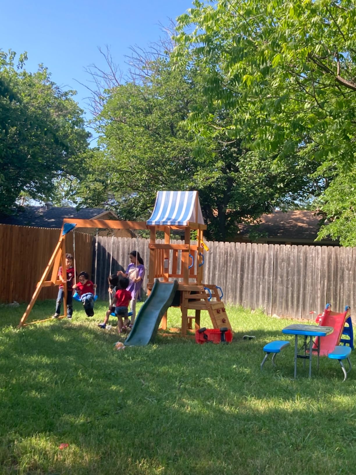 ROBOTIME Wooden Swing Set for Backyard, All-in-One Kids Outdoor Play Equipment with Swings, Slide, Climbing Rope Ladder, Outdoor Swing Playset for Kids Ages 3-10 customer photo 1
