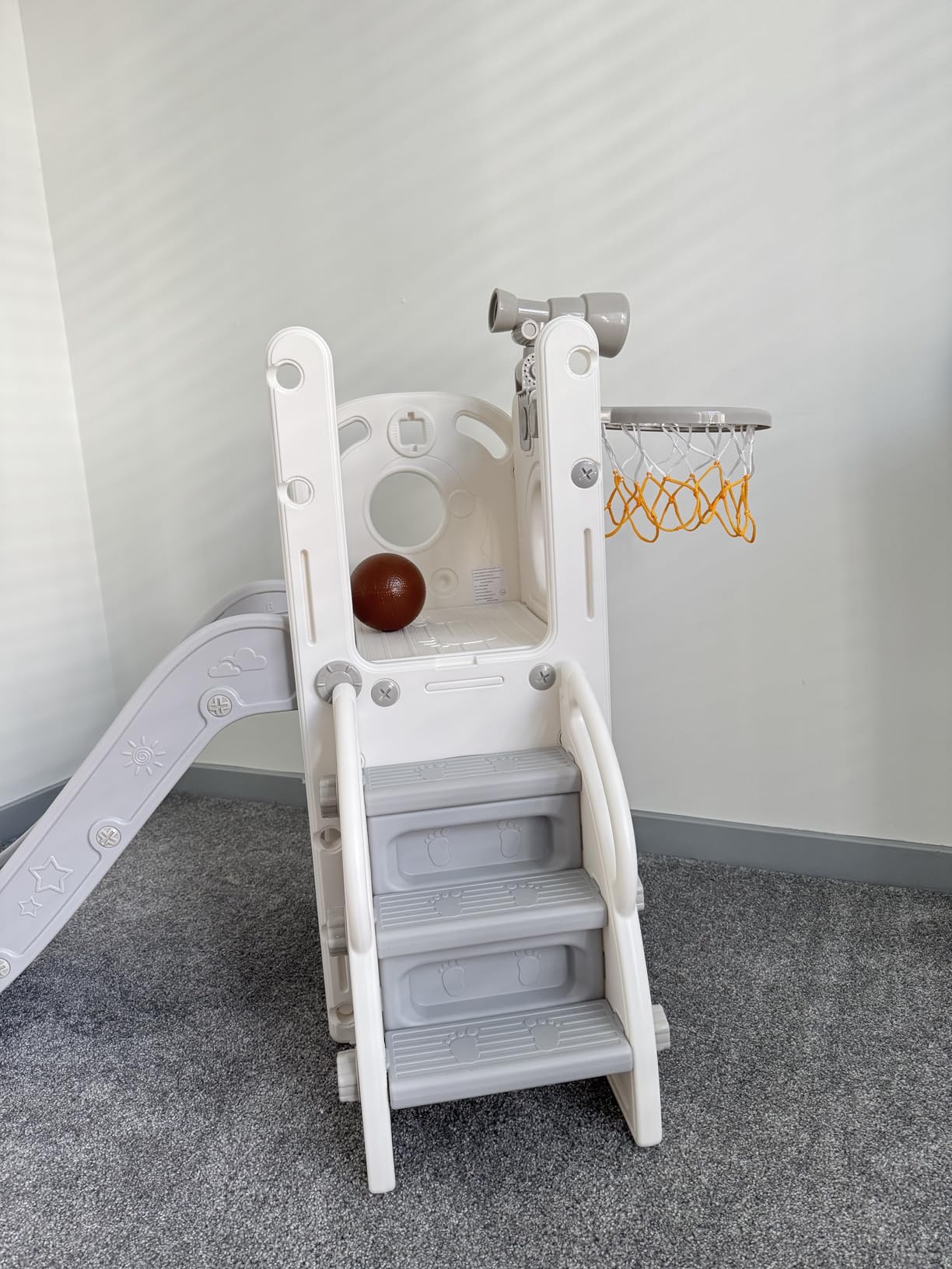 Babytronic 6-in-1 Toddler Slide Climber for Kids 1-3, Indoor/Outdoor | ASTM Certified, HDPE Material, Toddler Playground Supports 110 lbs, Baby Slide Set Basketball Hoop, Telescope, White & Gray customer photo 2