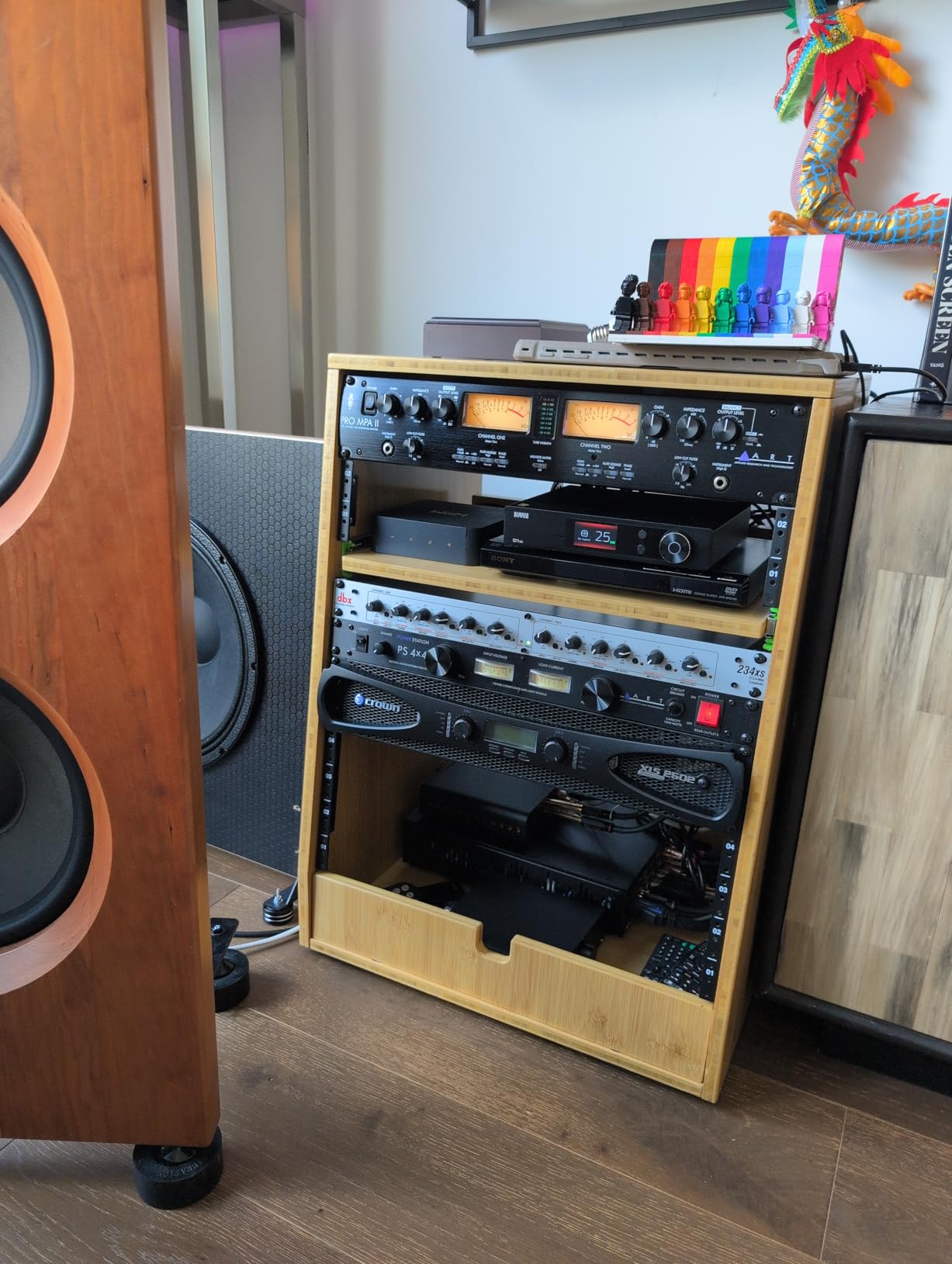 Sound Town DIY Slanted 12U Studio Rack (4U Top + 8U Lower), with 2U Bottom Storage, Slide-Out Tray, Caster, Plywood, Golden Oak for Recording Room, Home Studio (SDRK-ST12T) customer photo 2
