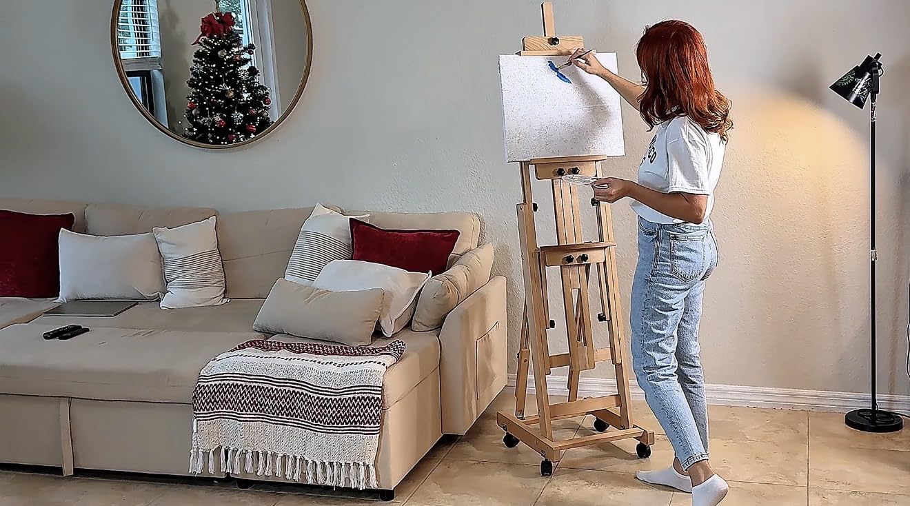 H-Frame Foldable Easel, Adjustable Height & Angle (Vertical to Horizontal), Removable Floor Art Easel for Adults, Holds Two Canvases Up to 77 Inches, Walnut Finish customer photo 1