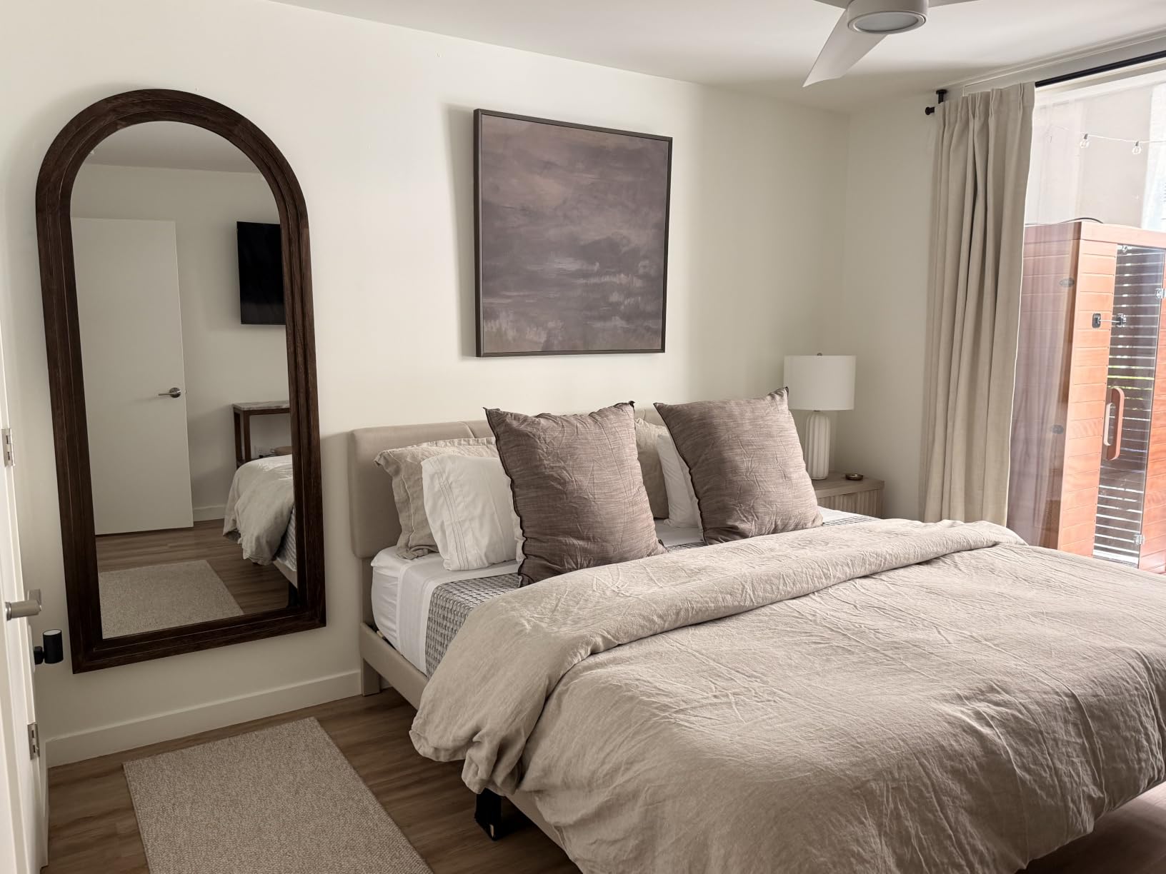 ZHUNFA Arched Full Length Mirror with Solid Wood Frame | 71x32 Farmhouse Wall Mounted Floor Mirror with Stand, Vertical Hanging, Leaning Standing for Bedroom, Living Room, Brown customer photo 1