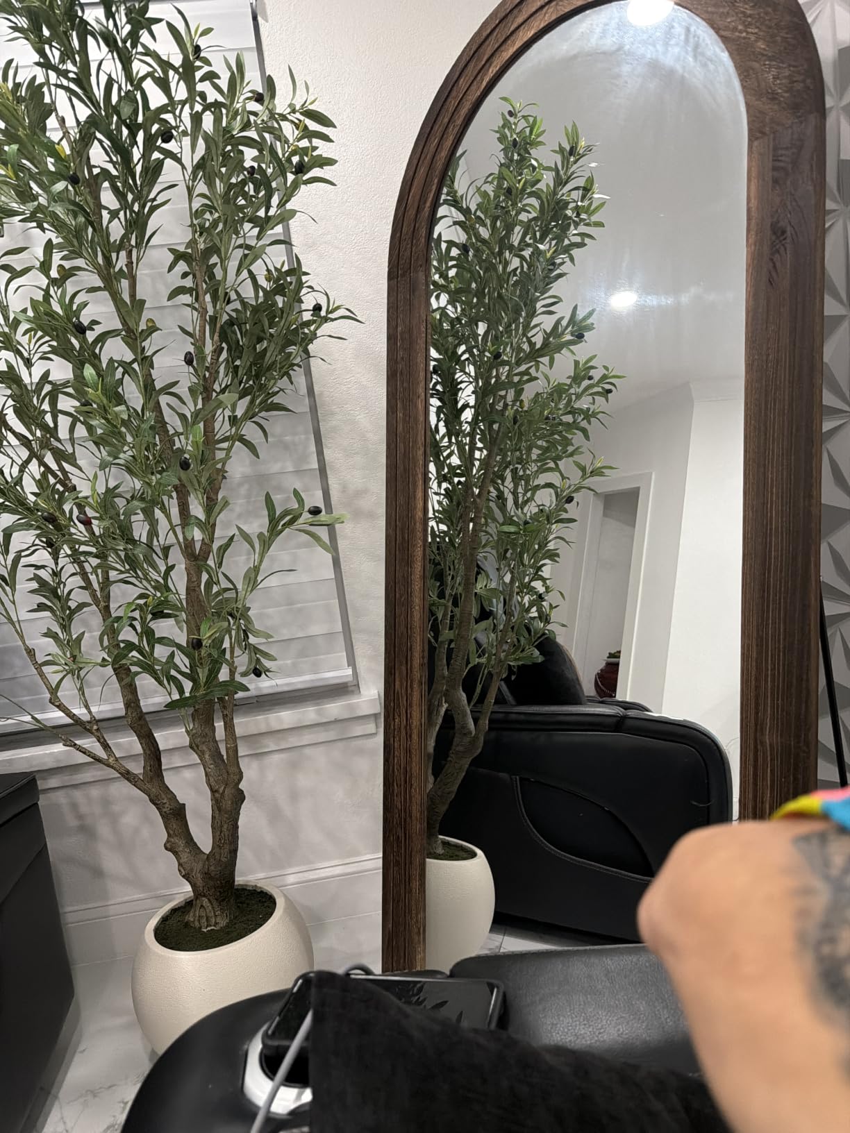 ZHUNFA Arched Full Length Mirror with Solid Wood Frame | 71x32 Farmhouse Wall Mounted Floor Mirror with Stand, Vertical Hanging, Leaning Standing for Bedroom, Living Room, Brown customer photo 2