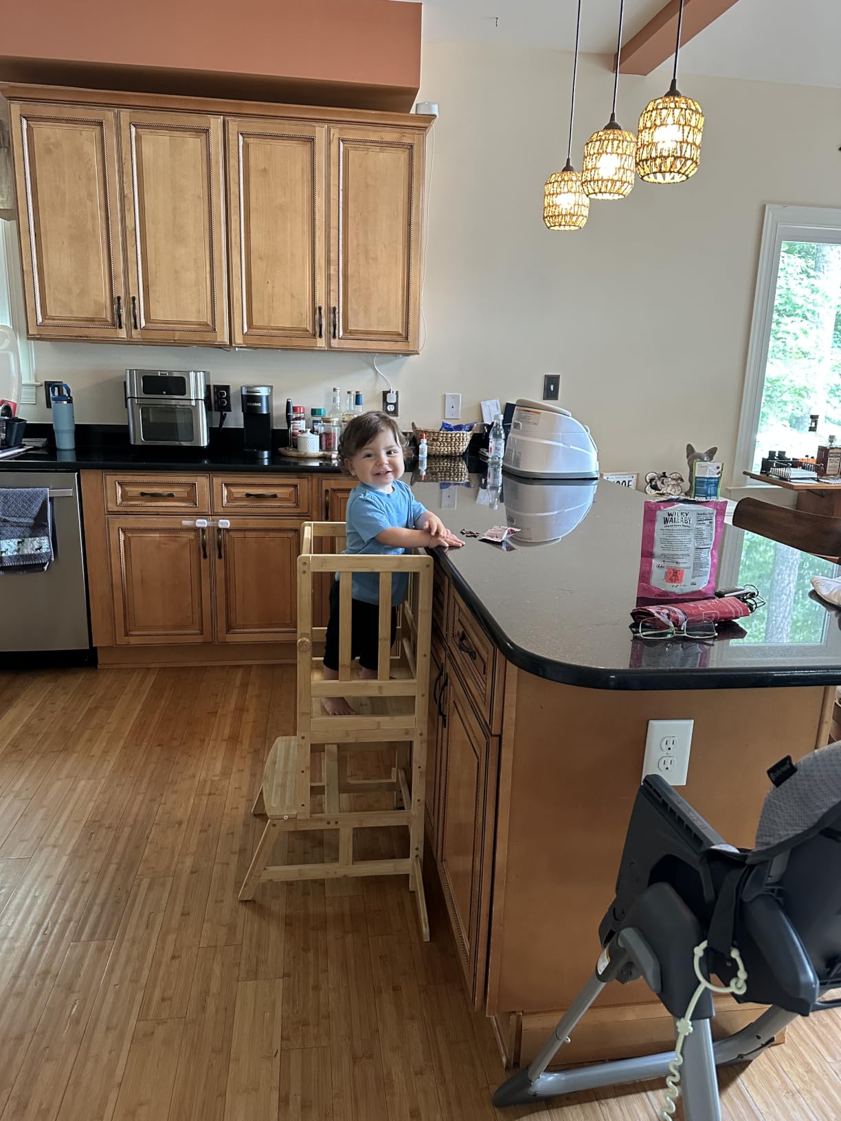 COSYLAND Toddler Standing Tower - Adjustable Height Toddler Kitchen Stool Helper - Kids Kitchen Step Stool for Learning with Removable Safety Railing Natural customer photo 1