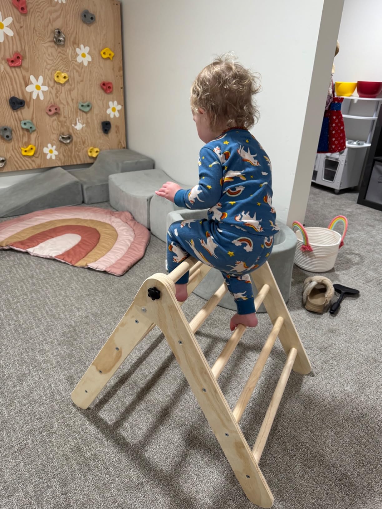 Yopnoyik Pikler Triangle Set with Cushion, 7 in 1 Toddler Climbing Toys Indoor, Montessori Foldable Climbing Set, Wooden Climbing Toys for Toddlers Inside with Ramp, Arch and Ladder (Nature Wood) customer photo 2