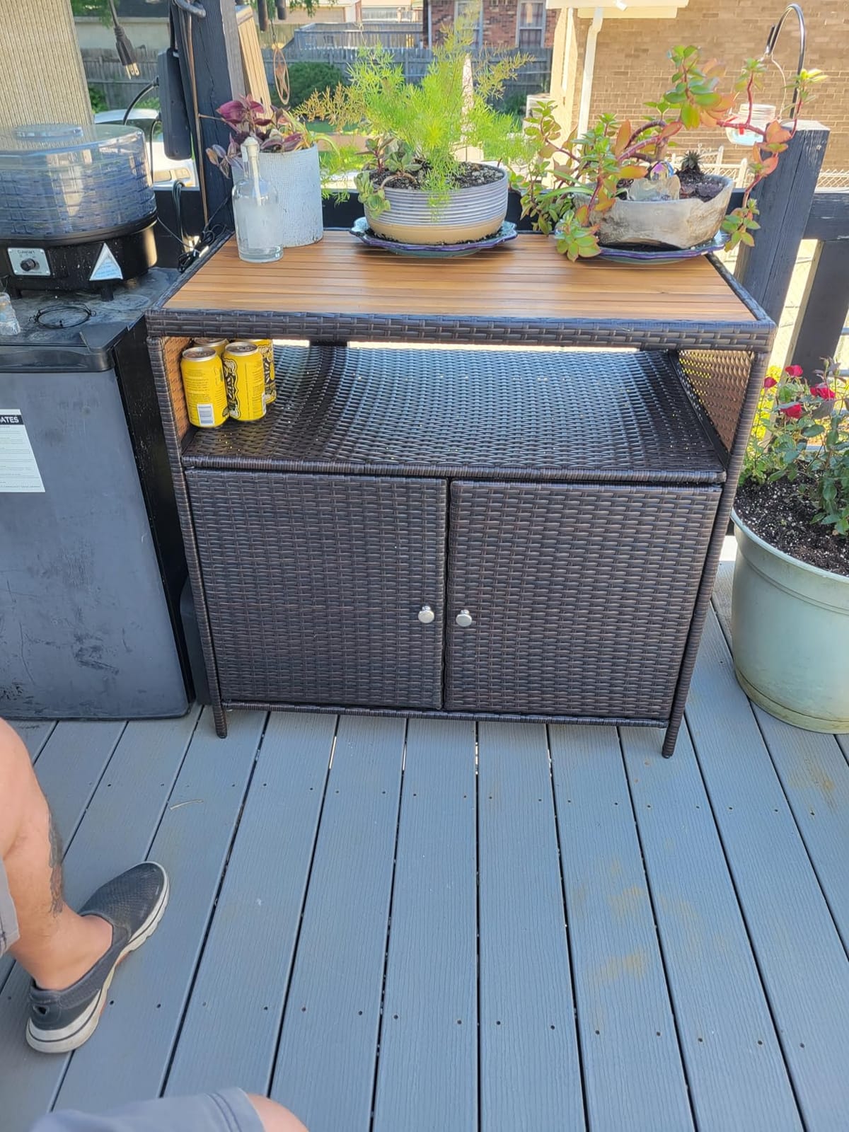 Tangkula Rattan Outdoor Storage Cabinet, Patiojoy Outdoor Cabinet with Acacia Wood Countertop, Open Compartment, 2-Door Wicker Sideboard, Outdoor Bar for Patio Garden Backyard Poolside (Mix Brown) customer photo 1
