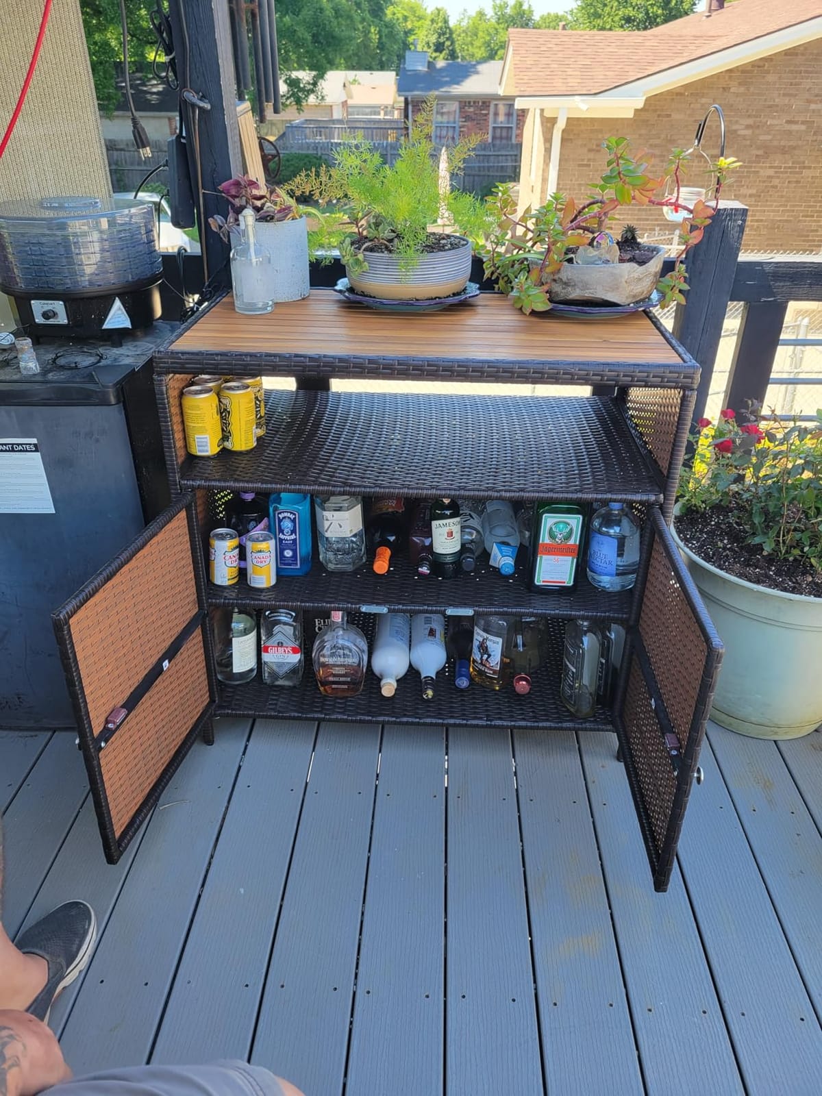Tangkula Rattan Outdoor Storage Cabinet, Patiojoy Outdoor Cabinet with Acacia Wood Countertop, Open Compartment, 2-Door Wicker Sideboard, Outdoor Bar for Patio Garden Backyard Poolside (Mix Brown) customer photo 2