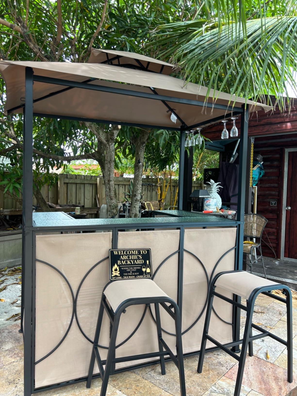 Tangkula 3-Piece Patio Bar Set, Grill Gazebo & 2 Bar Stools with Tempered Glass Bar Table, Metal Storage Shelves, Glass Holders, Double-Tier Soft Top Canopy BBQ Gazebo Shelter for Patio Garden (Brown) customer photo 2