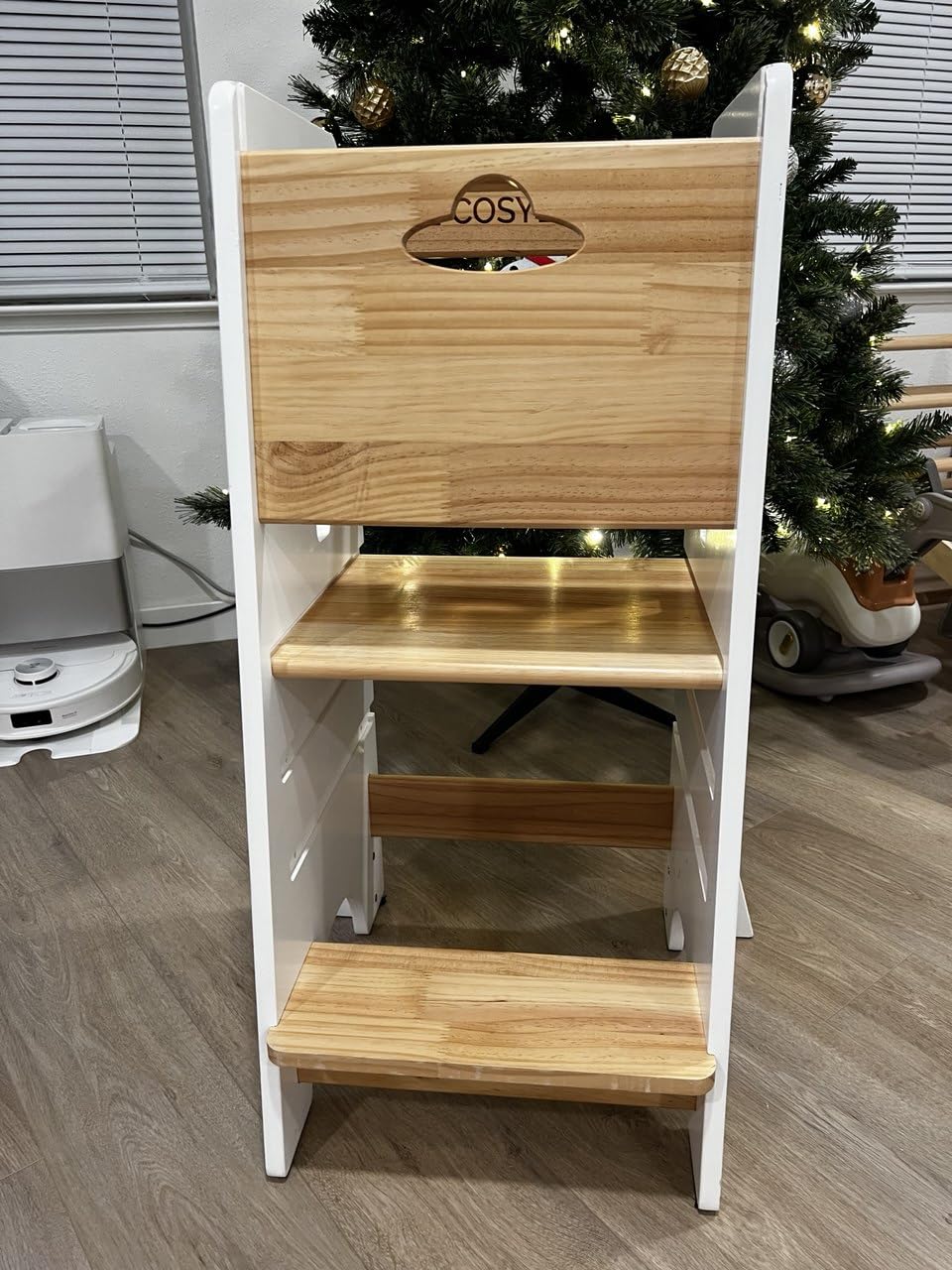COSYLAND Toddler Tower Toddler Standing Kitchen Stool | Super Stable Toddler Kitchen Tower Helper, 3 Levels Adjustable Wooden Learning Tower for Kids (Natural & White) customer photo 1