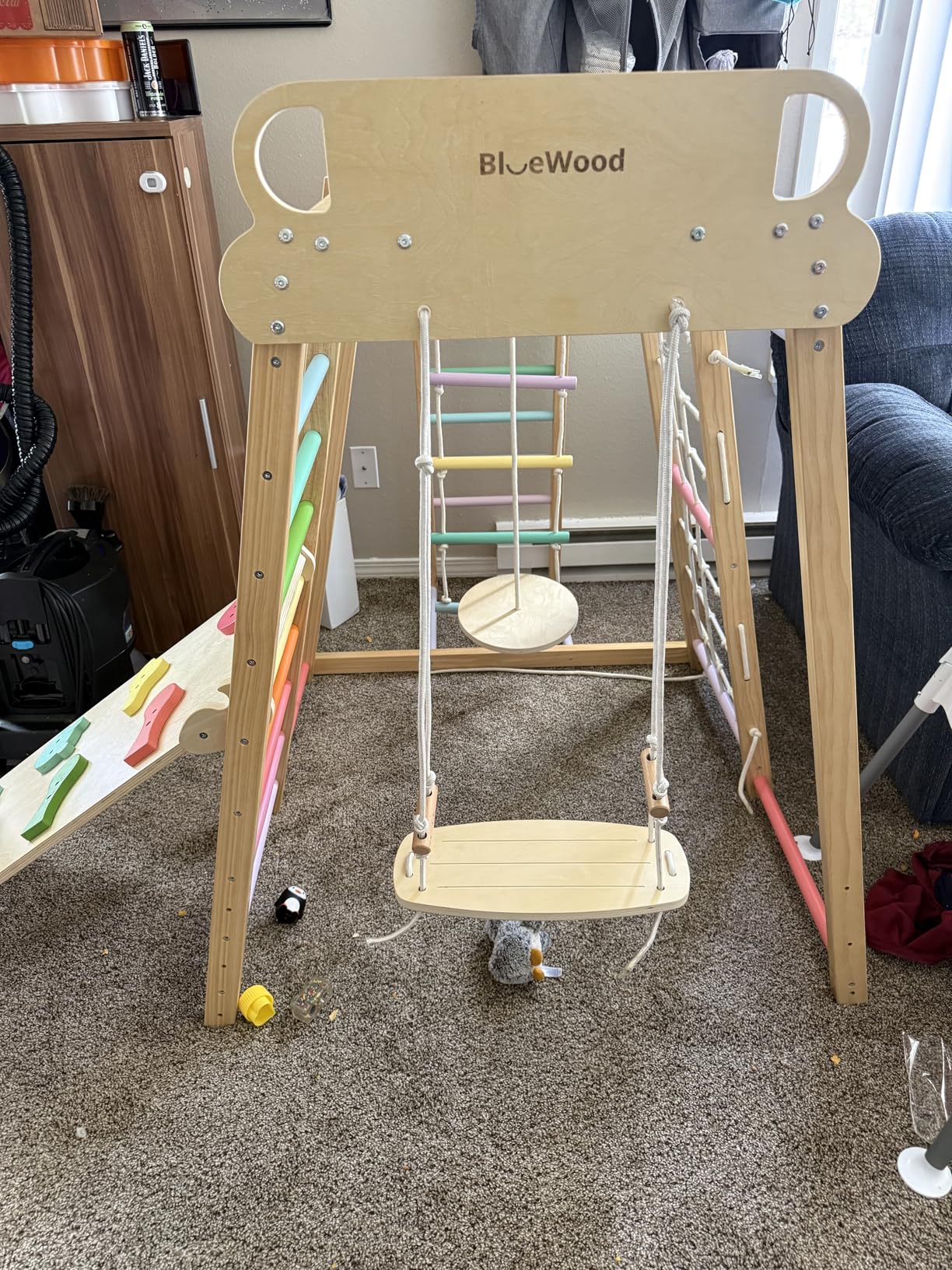 Upgraded Indoor Jungle Gym 9-in-1 Playground Kids Climbing Toys | Waldorf Style Wooden Climber Playset with Slide, Swing, Monkey Bars, Upright/Rope Ladder, Climb Net, Rainbow customer photo 1